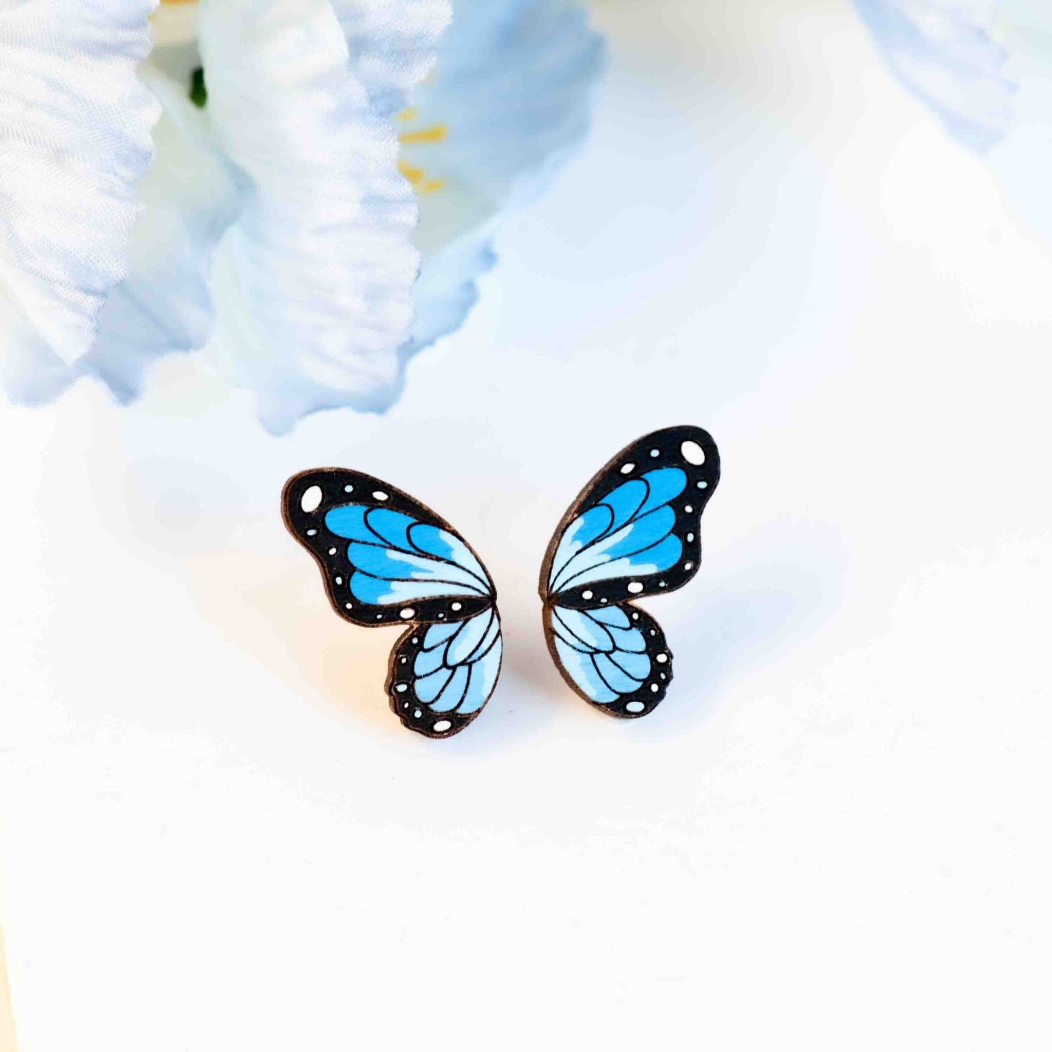 Hand - painted Blue Butterfly Wings Wooden Stud Earrings - PEO14225 - Robin Valley Official Store
