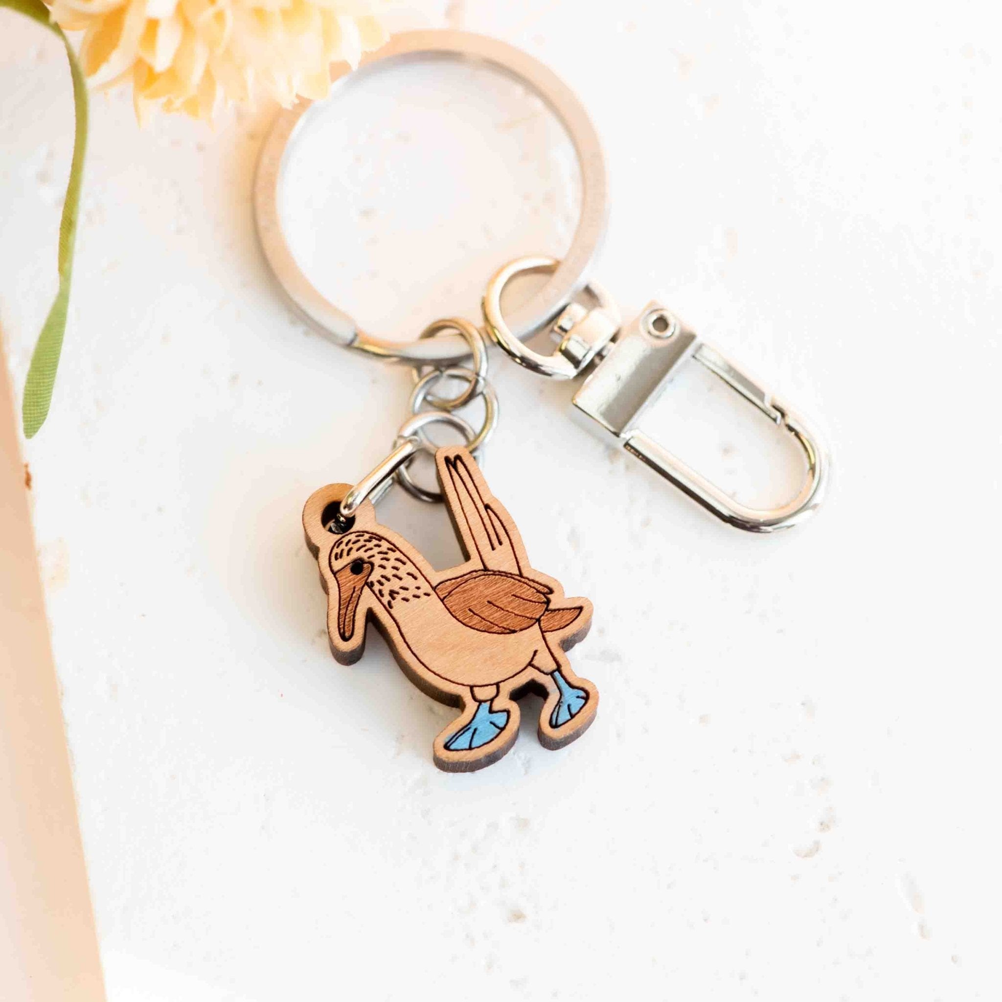 Hand - painted Blue - footed Booby Wooden Keyring - KB22028 - Robin Valley Official Store