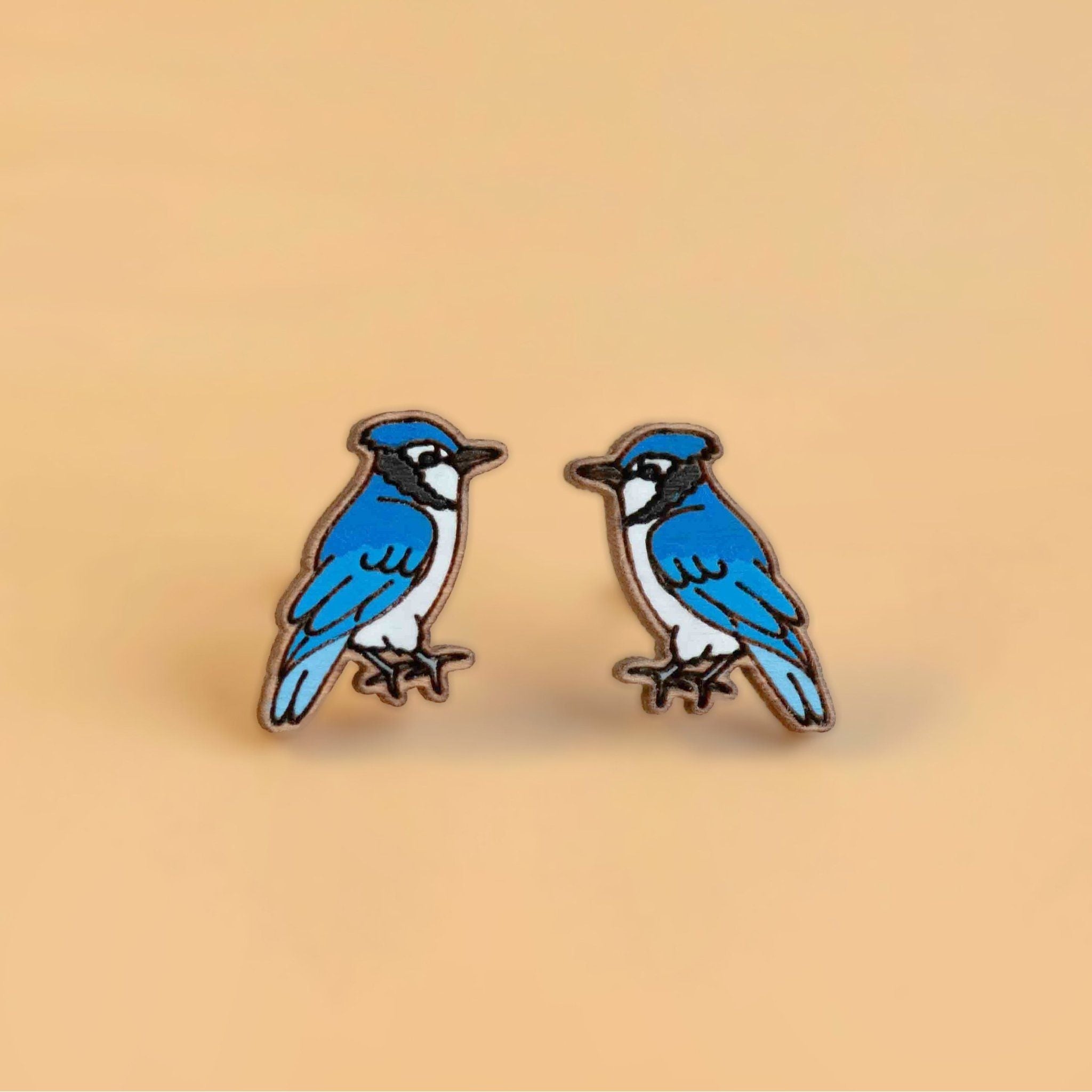 Hand - painted Blue Jay Wooden Stud Earrings - PEB12076 - Robin Valley Official Store