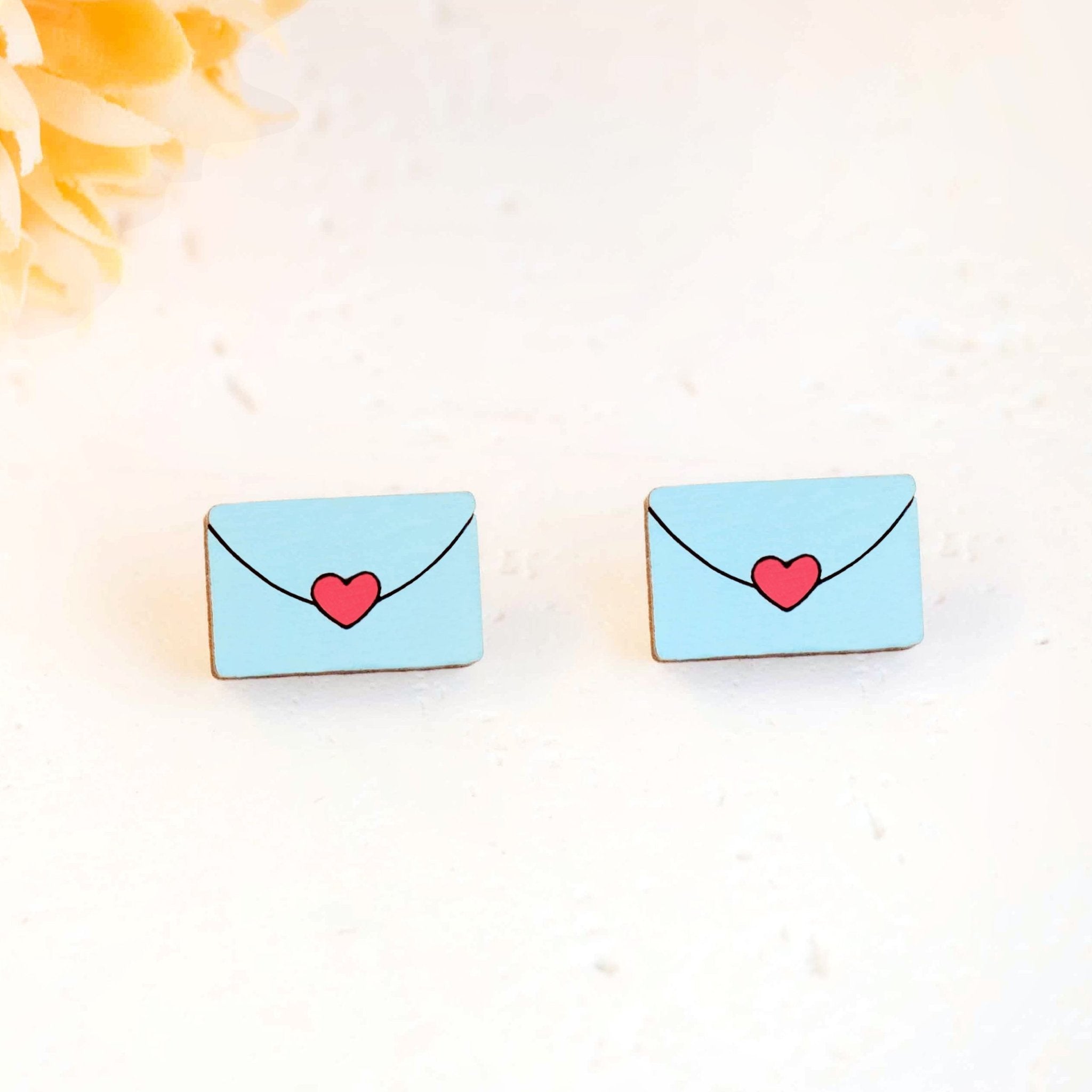 Hand - painted Blue Love Letter Wooden Earrings - PET15436 - Robin Valley Official Store