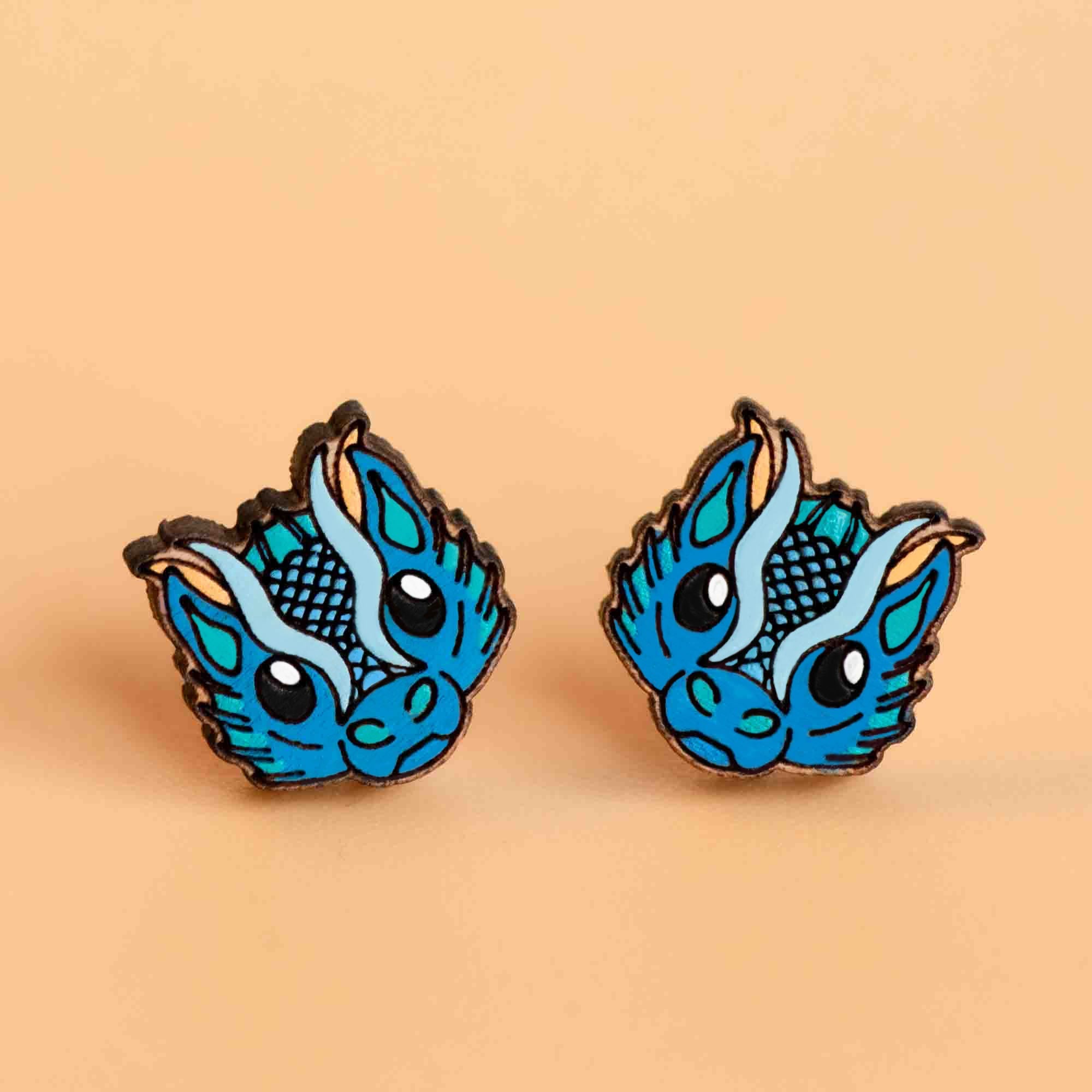 Hand - Painted Blue Water Dragon Wooden Earrings - PEO14132 - Robin Valley Official Store