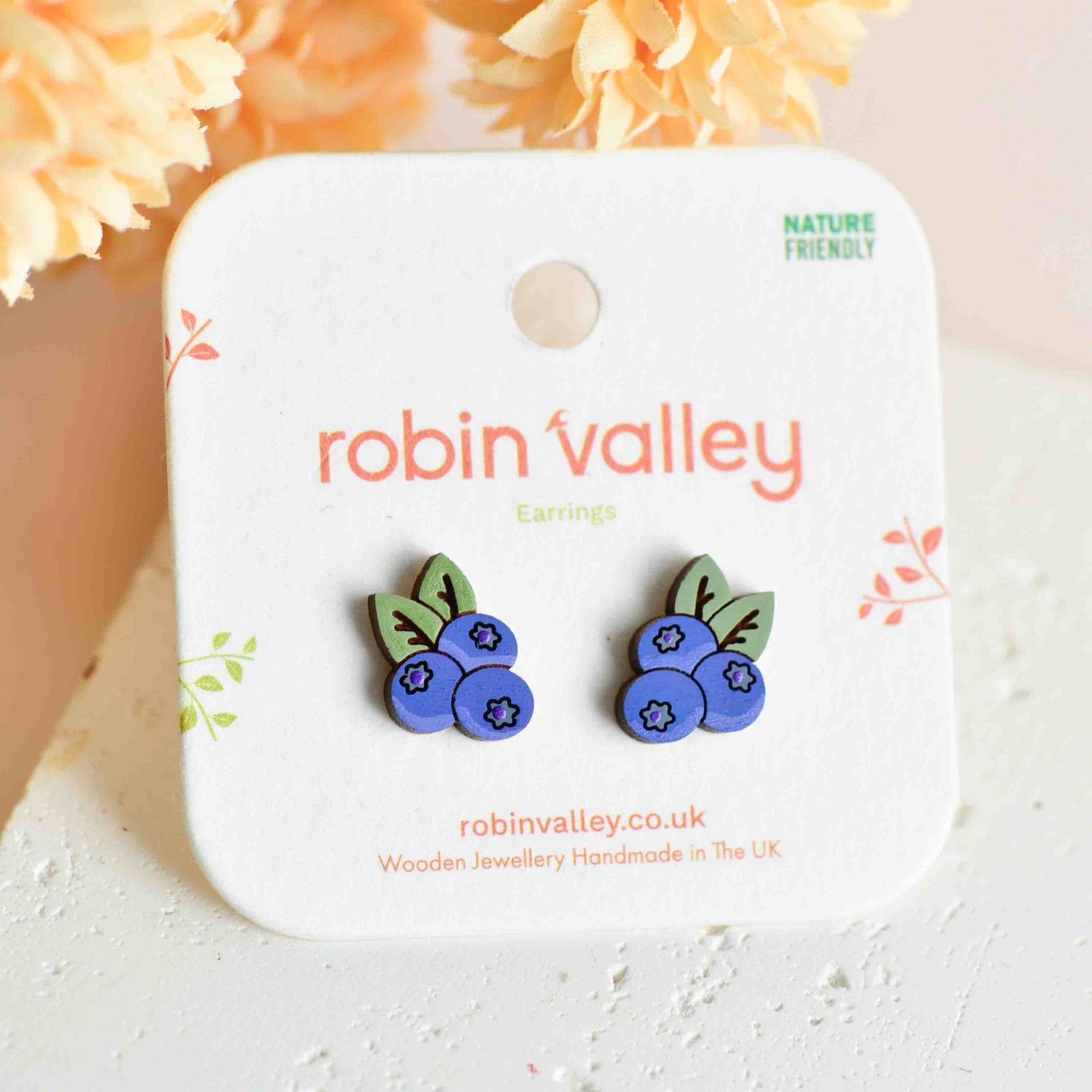 Hand - painted Blueberry Wooden Stud Earrings - PET15502 - Robin Valley Official Store