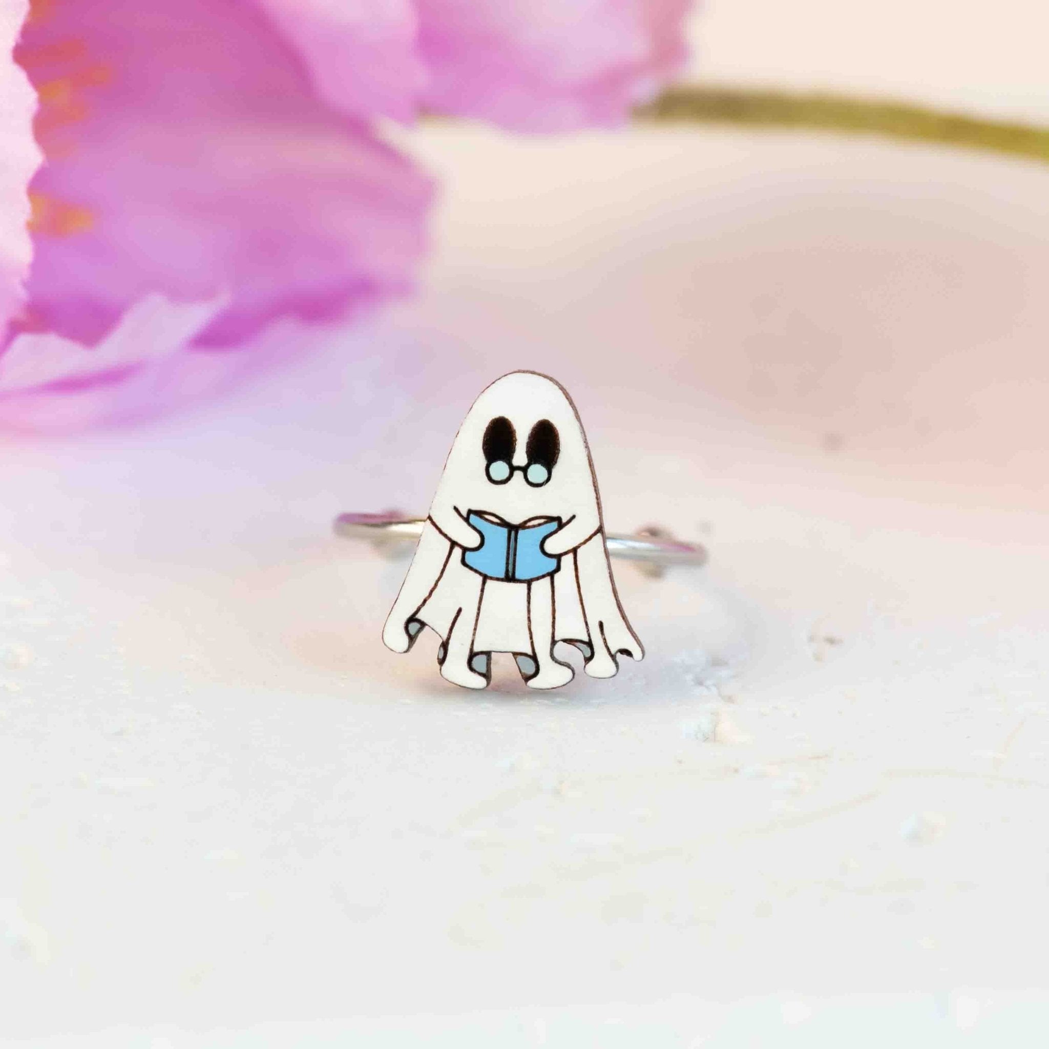 Hand - Painted Book Lover Ghost Adjustable Wooden Ring - RT75299 - Robin Valley Official Store
