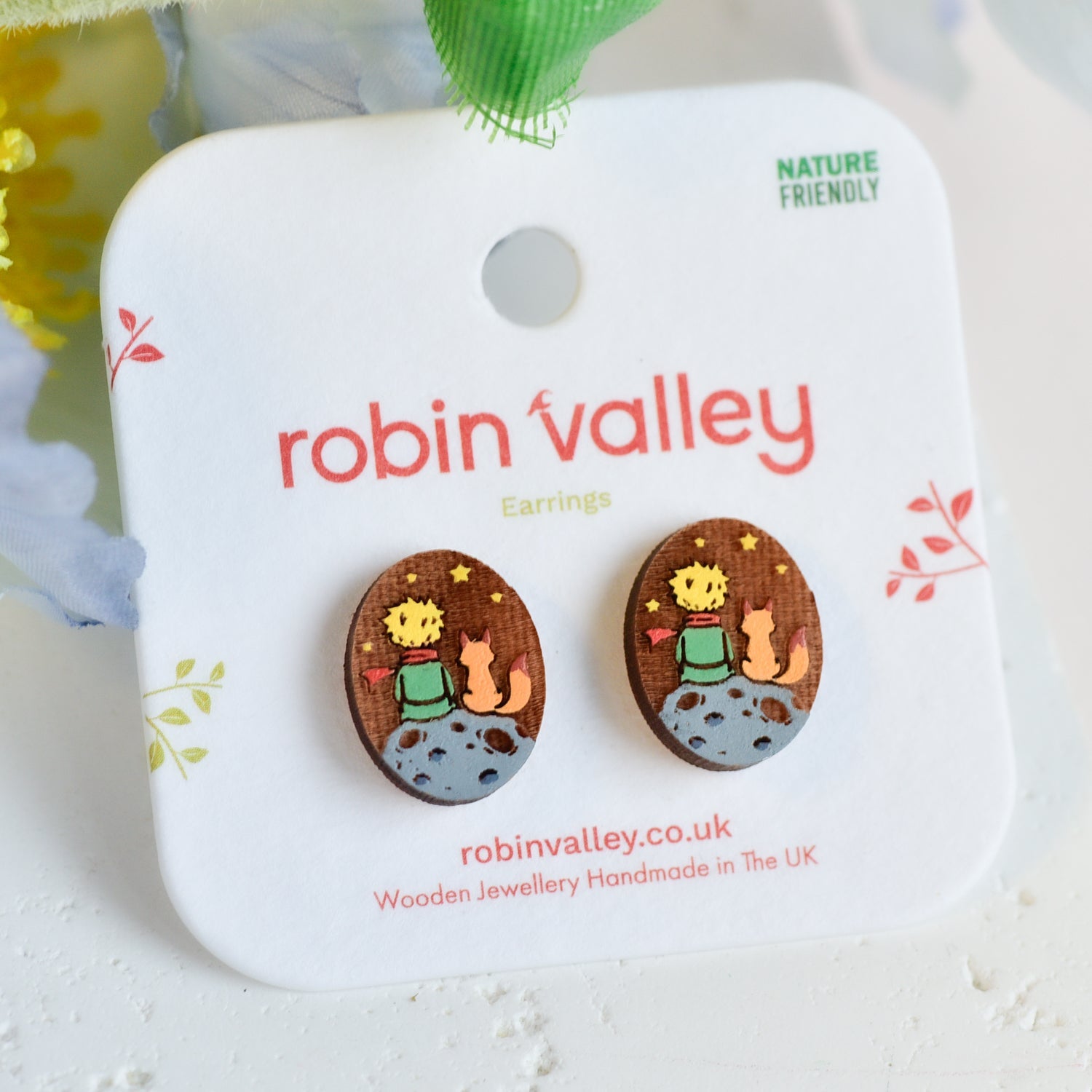 Hand - painted Boy and Fox on Planet Wooden Earrings - Robin Valley Official Store