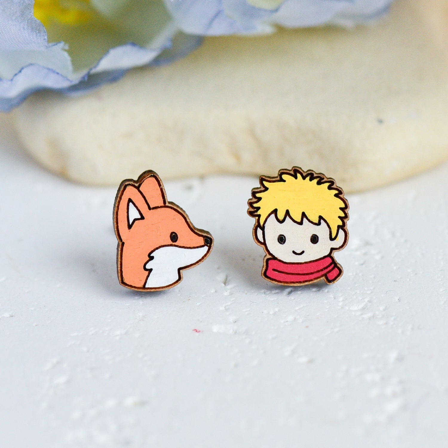 Hand - painted Boy and Fox Wooden Earrings - Robin Valley Official Store
