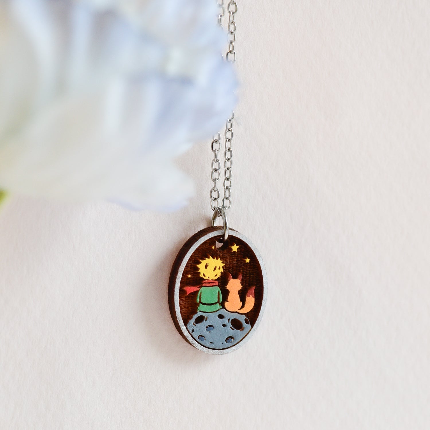 Hand Painted Boy and Fox Wooden Necklace - Inspired by Little Prince - Robin Valley Official Store