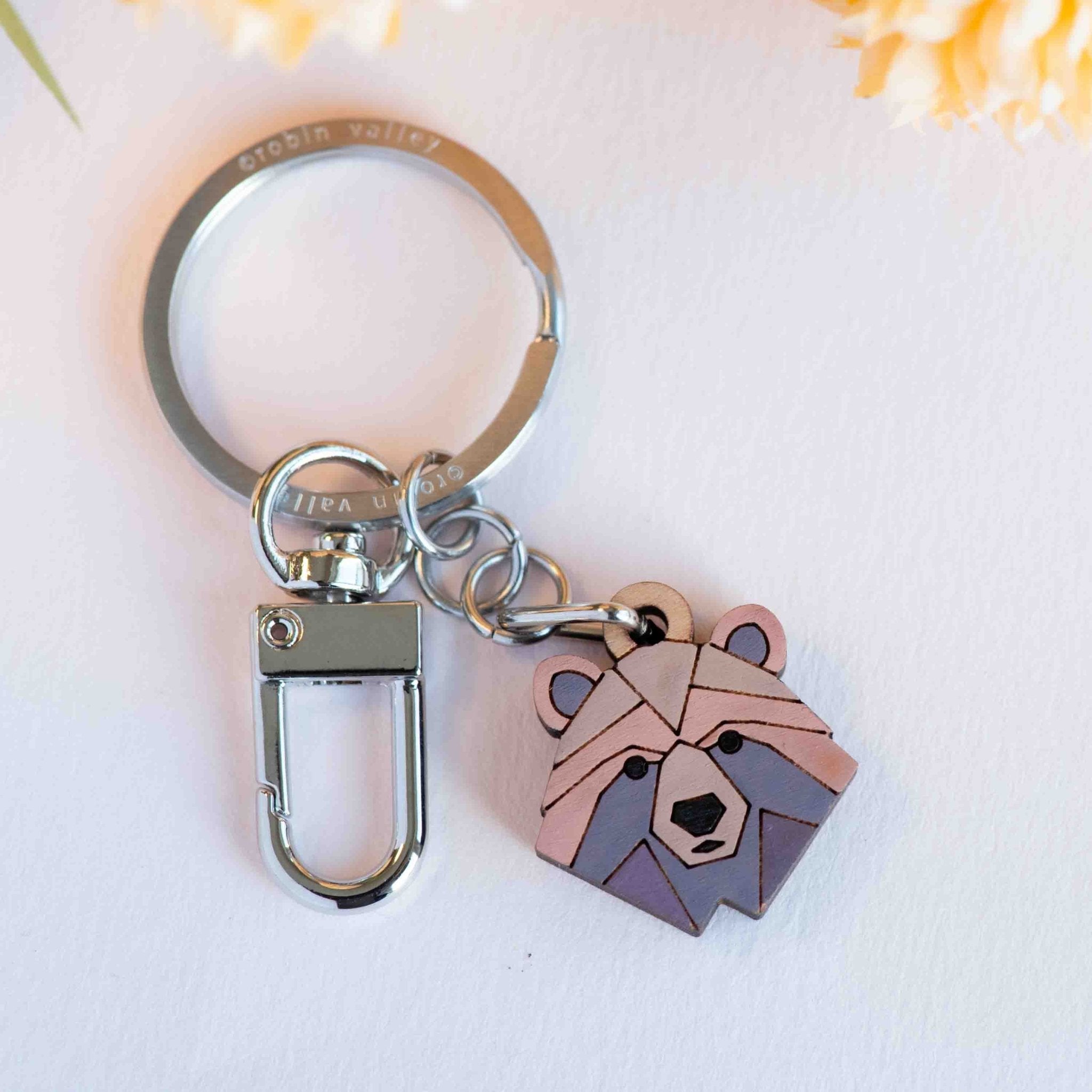 Hand - painted Brown Geometric Bear Wooden Keyring - KL20306 - Robin Valley Official Store