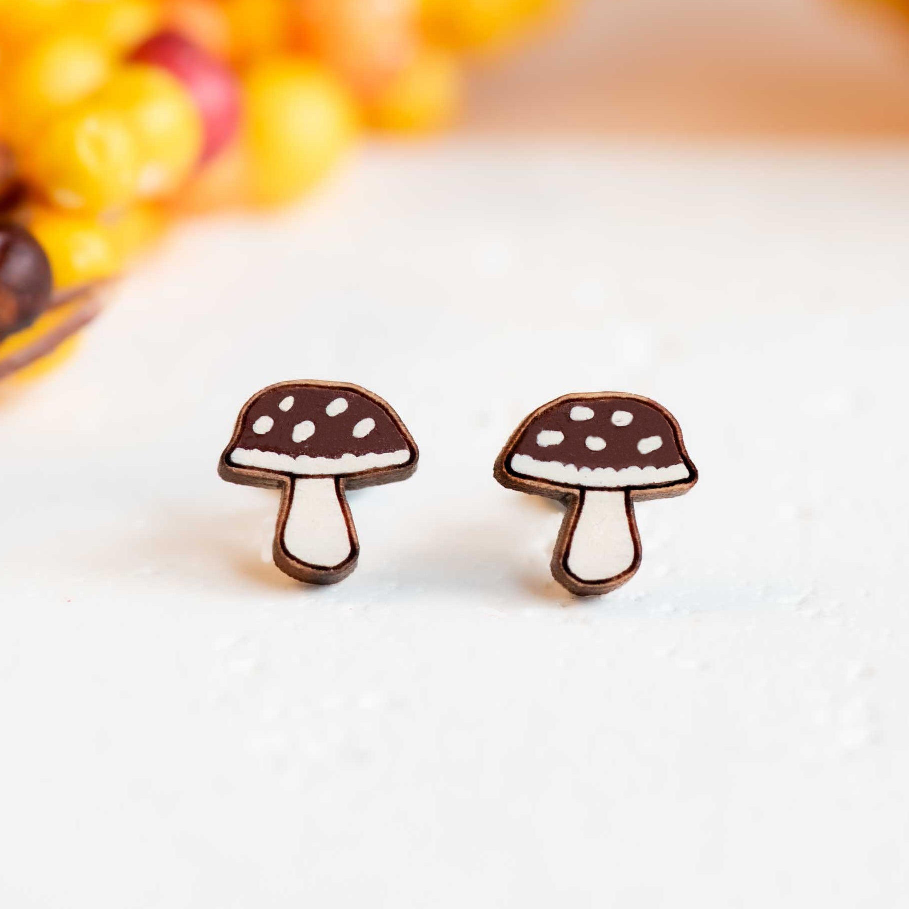 Hand - painted Brown Mushroom Wooden Stud Earrings - PEO14259 - Robin Valley Official Store