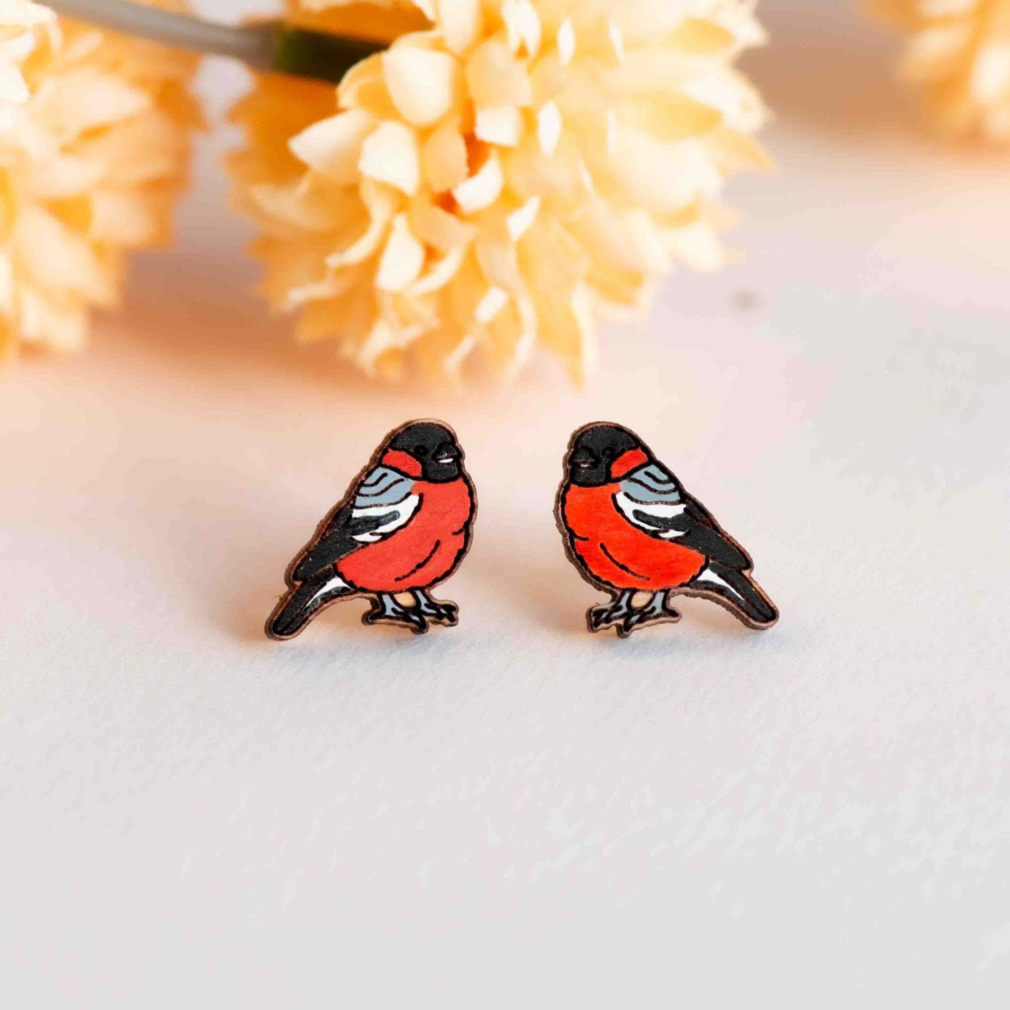 Hand - painted Bullfinch Wooden Stud Earrings - PEB12075 - Robin Valley Official Store