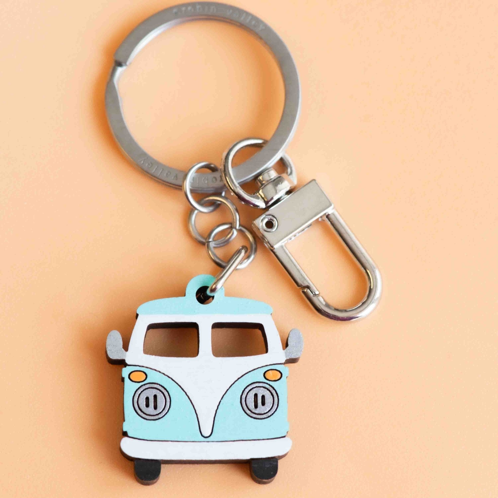 Hand - painted Camper Van Wooden Keyring - KT25024 - Robin Valley Official Store