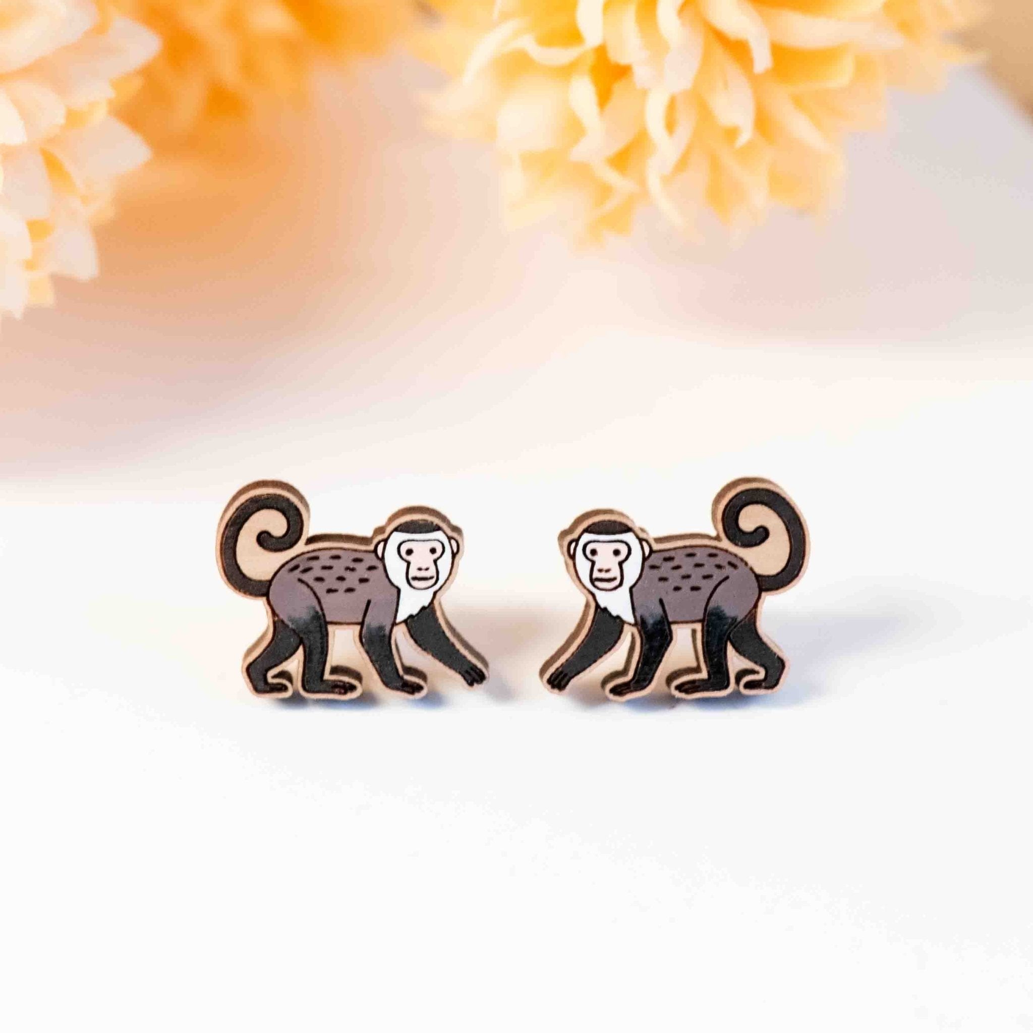 Hand - painted Capuchin Monkey Wooden Stud Earrings - PEL10475 - Robin Valley Official Store