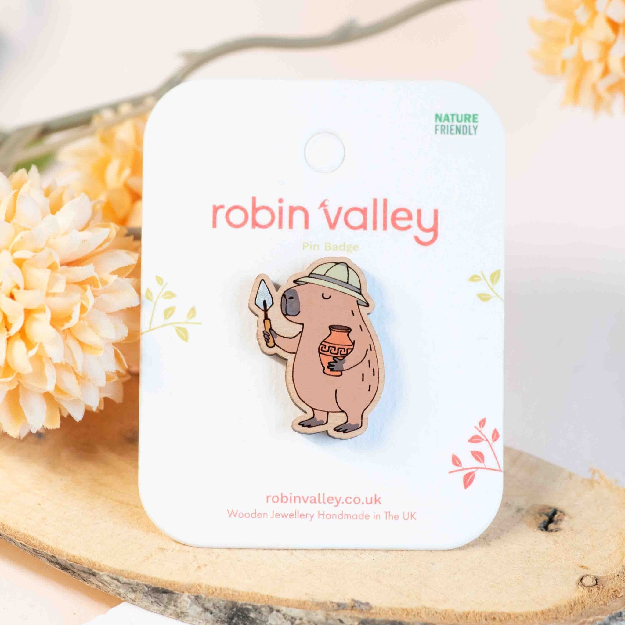 Hand - painted Capybara Archaeologist Wooden Pin Badge - PL40473 - Robin Valley Official Store