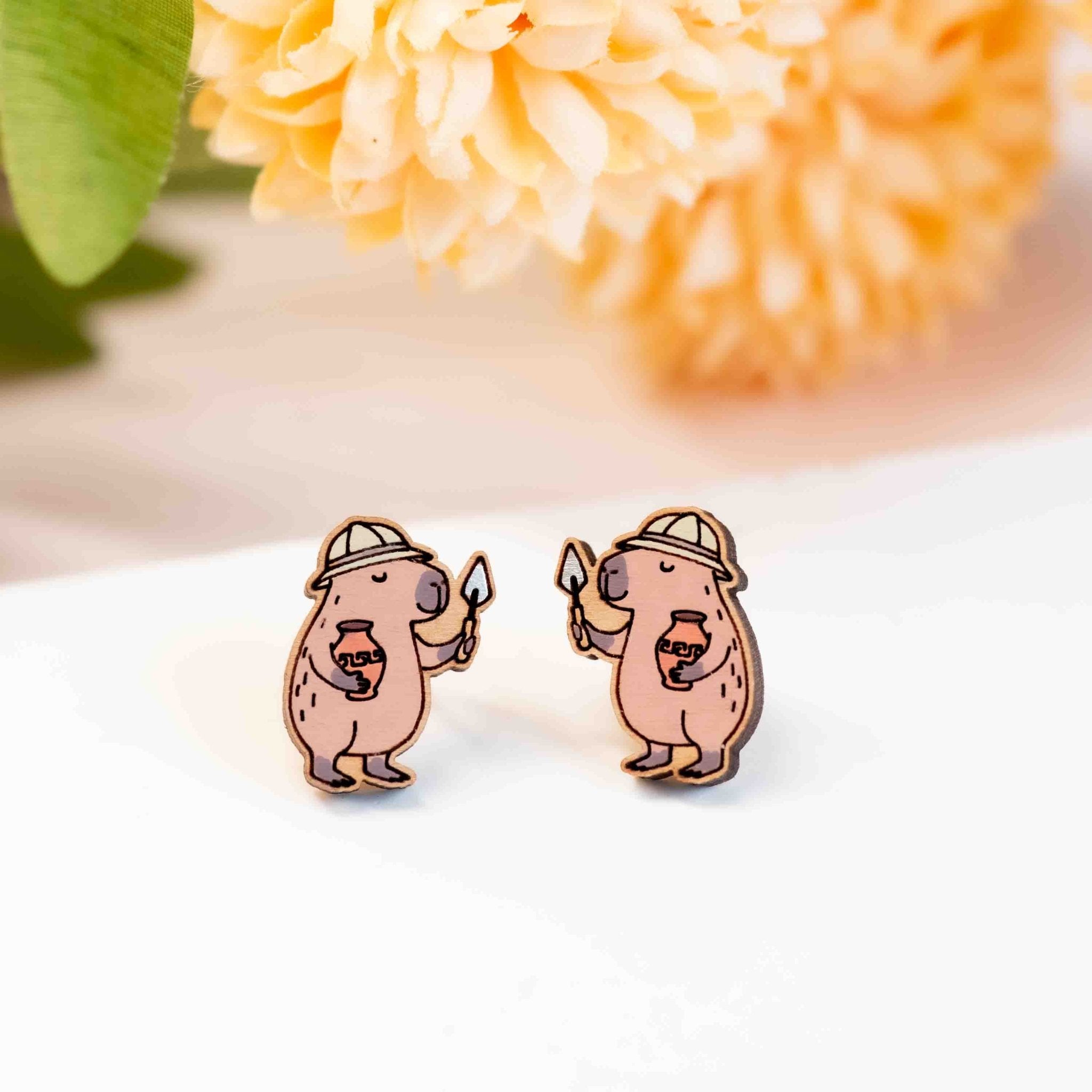 Hand - painted Capybara Archaeologist Wooden Stud Earrings - PEL10473 - Robin Valley Official Store
