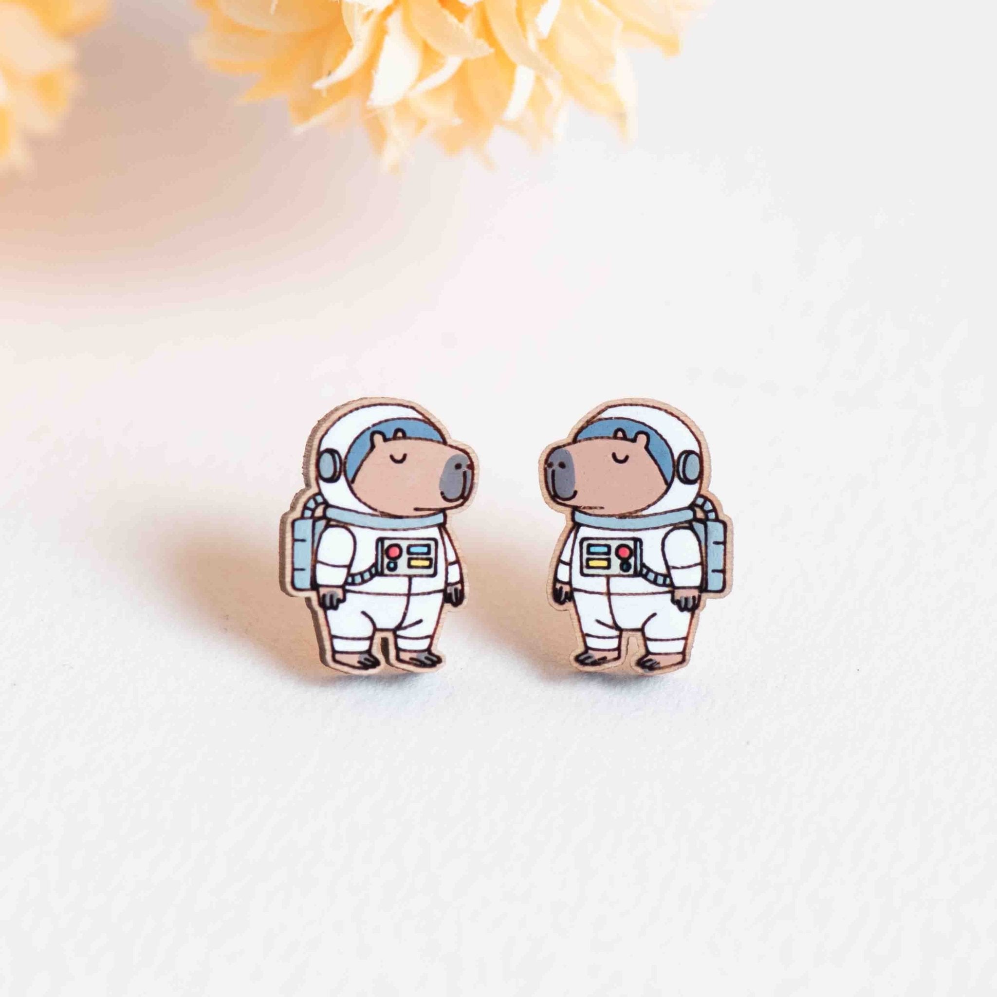 Hand - painted Capybara Astronaut Wooden Stud Earrings - PEL10497 - Robin Valley Official Store