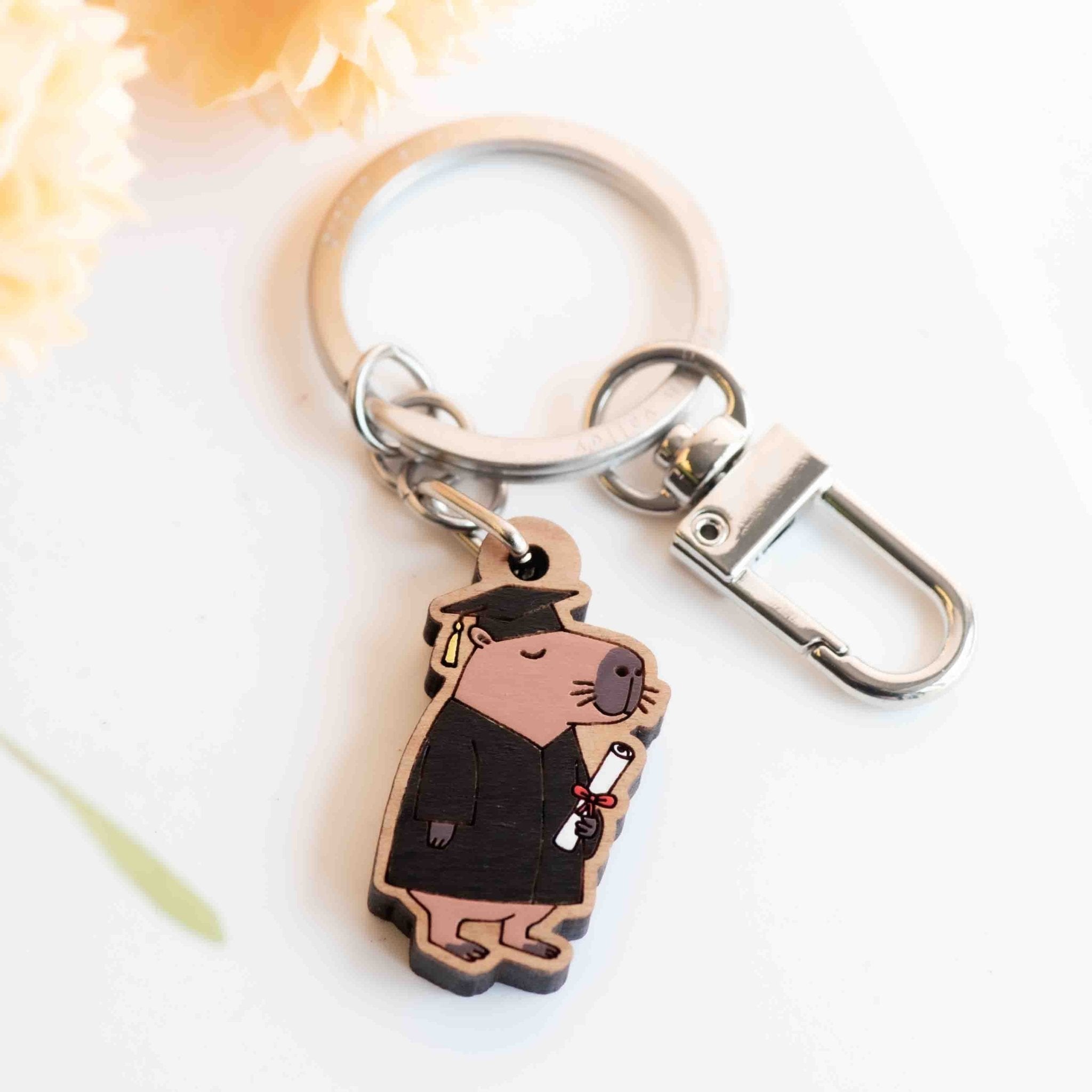 Hand - painted Capybara Graduation Wooden Keyring - KL20450 - Robin Valley Official Store