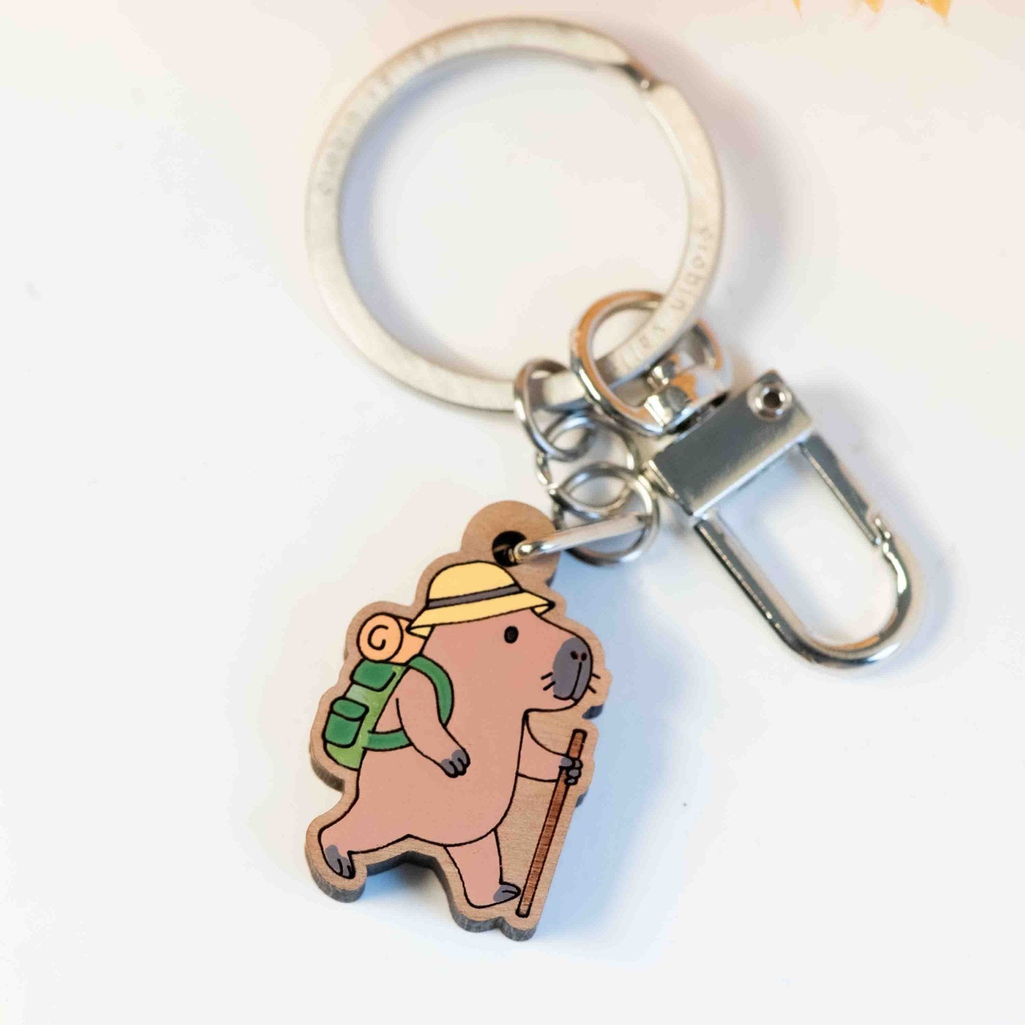 Hand - painted Capybara Hiking Wooden Keyring - KL20462 - Robin Valley Official Store