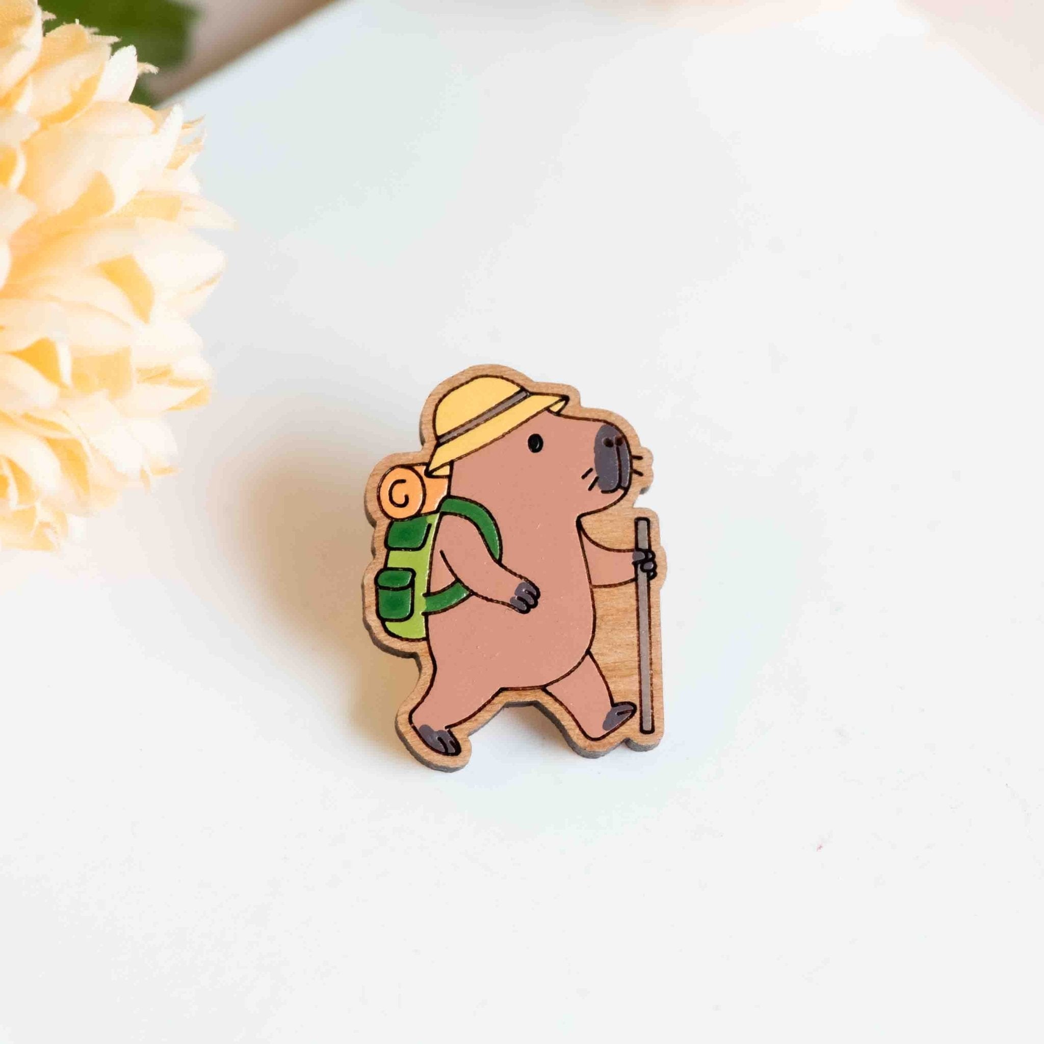 Hand - painted Capybara Hiking Wooden Pin Badge - PL40462 - Robin Valley Official Store