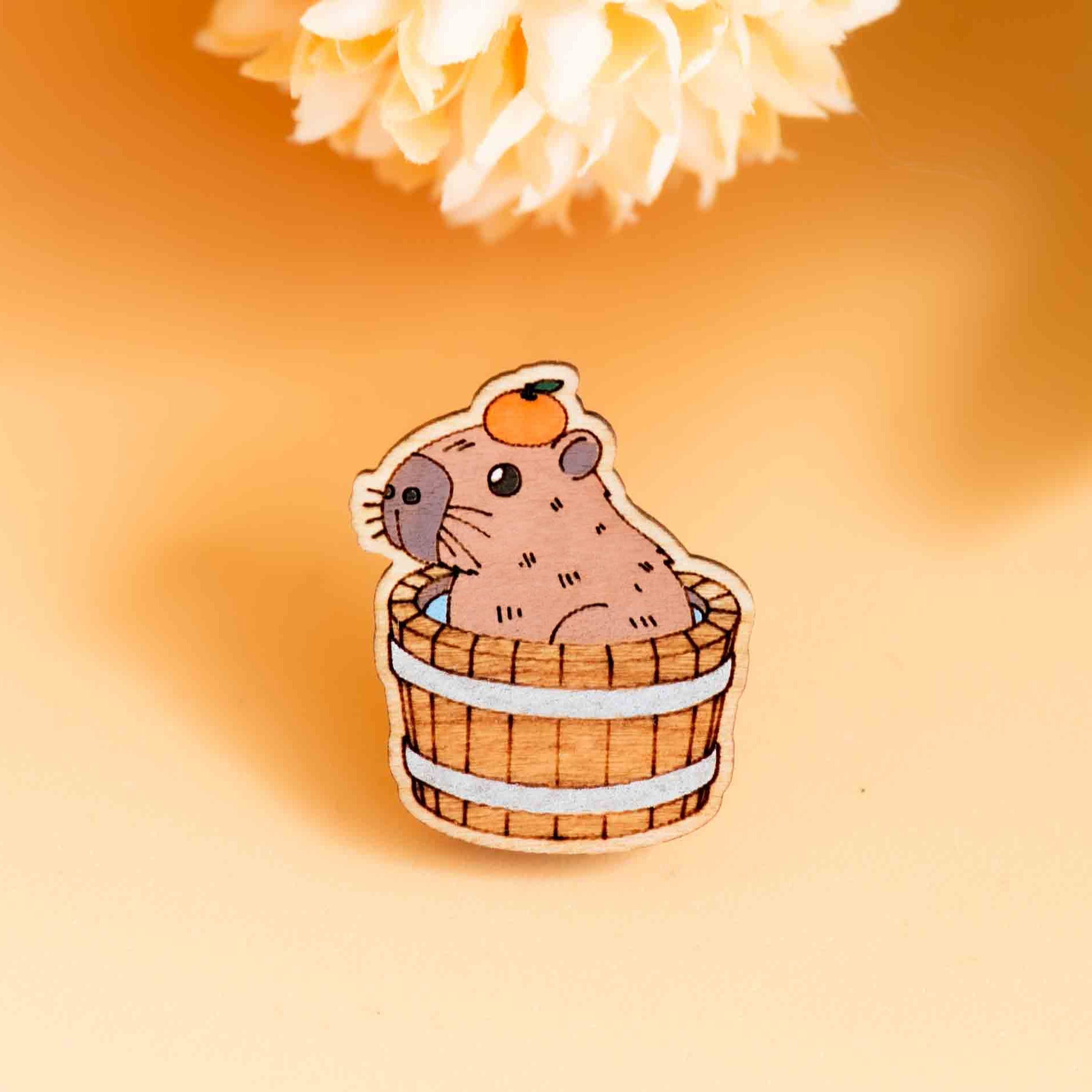 Hand - painted Capybara Hot Bath Wooden Pin Badge - PL40310 - Robin Valley Official Store