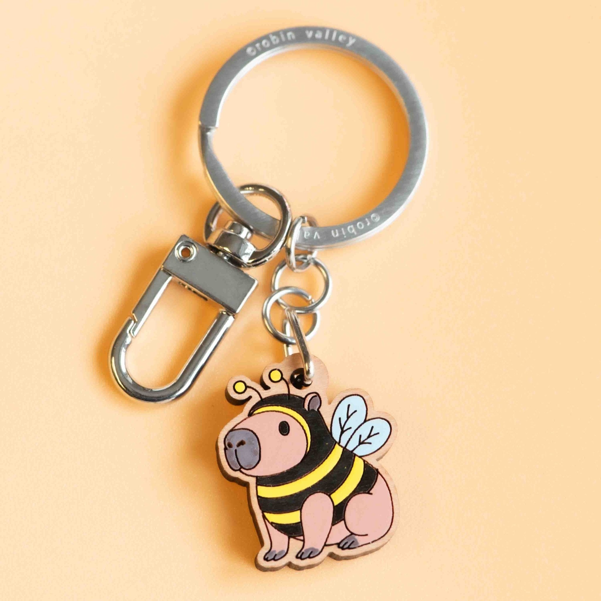 Hand - painted Capybara in Bee Costume Wooden Keyring - KL20437 - Robin Valley Official Store