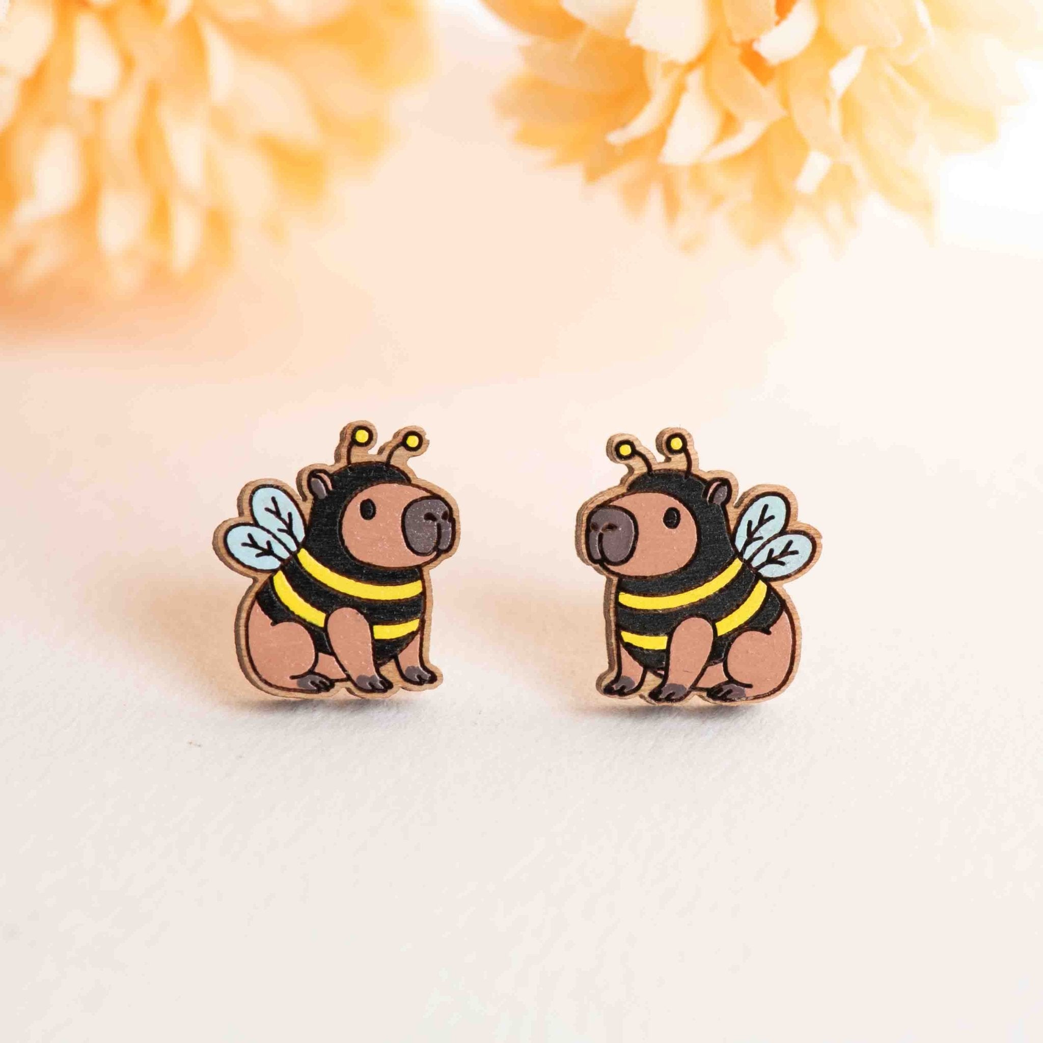 Hand - painted Capybara in Bee Costume Wooden Stud Earrings - PEL10437 - Robin Valley Official Store