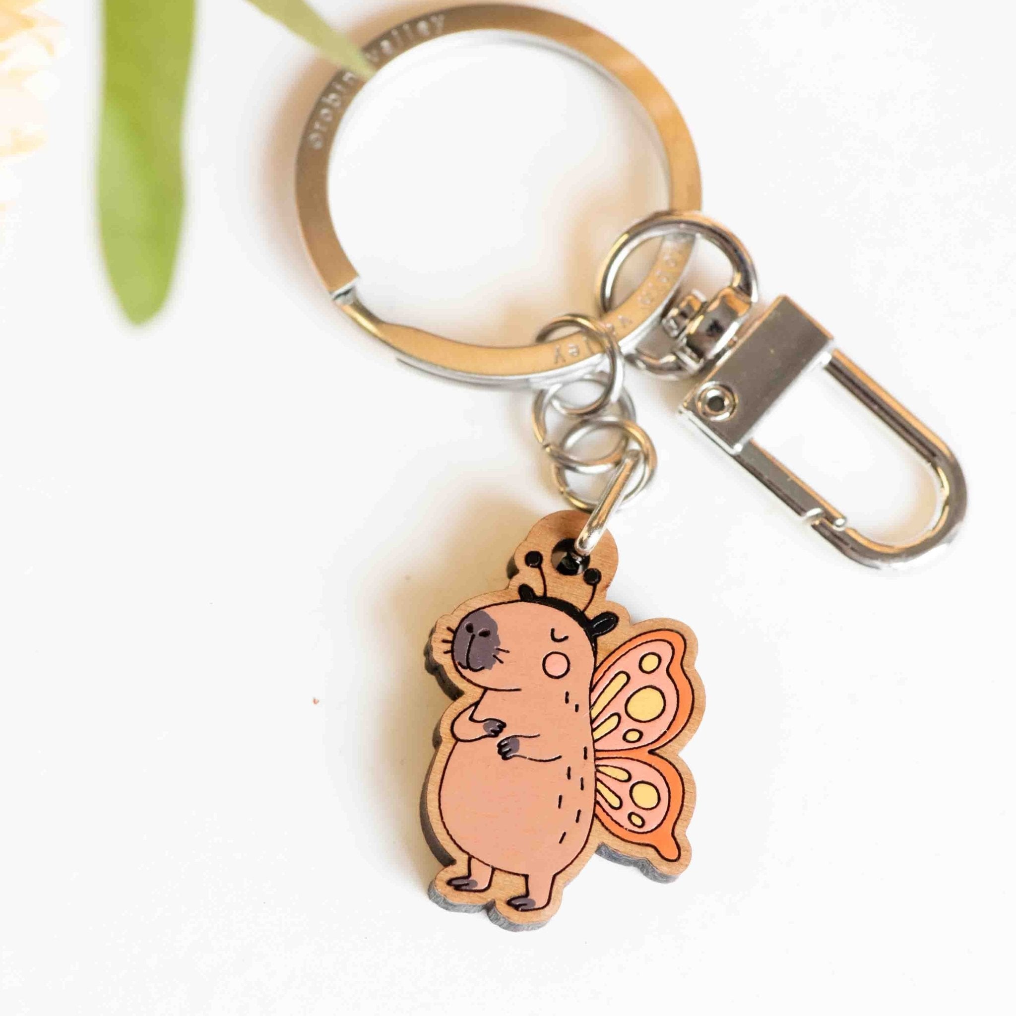 Hand - painted Capybara in Butterfly Costume Wooden Keyring - KL20461 - Robin Valley Official Store