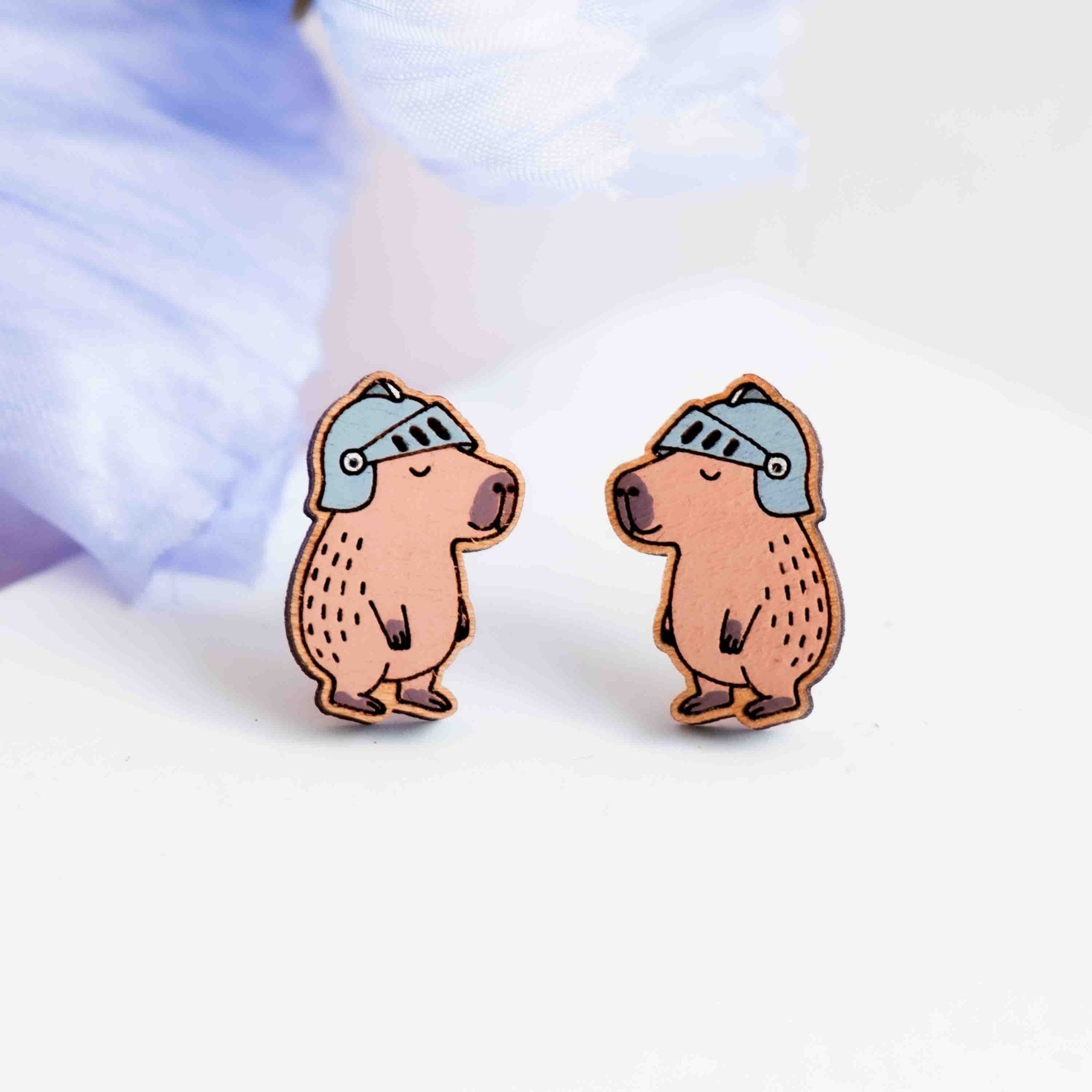 Hand - painted Capybara in Knight Helmet Wooden Stud Earrings - PEL10460 - Robin Valley Official Store
