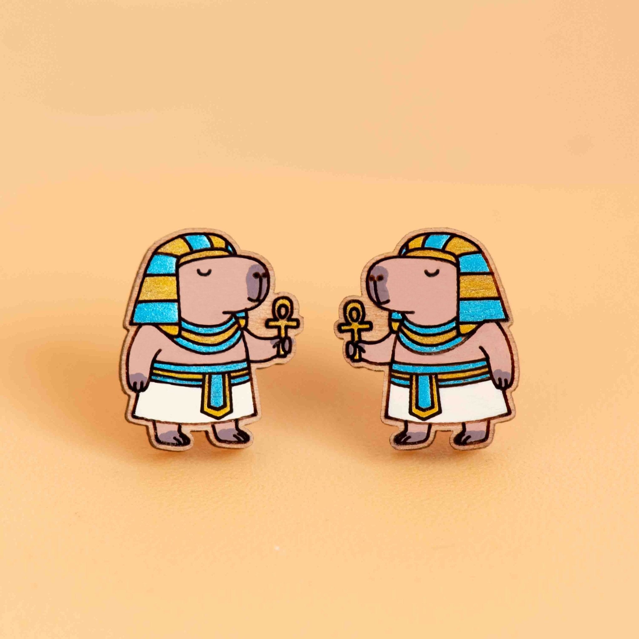Hand - painted Capybara in Pharaoh Costume Wooden Stud Earrings - PEL10458 - Robin Valley Official Store