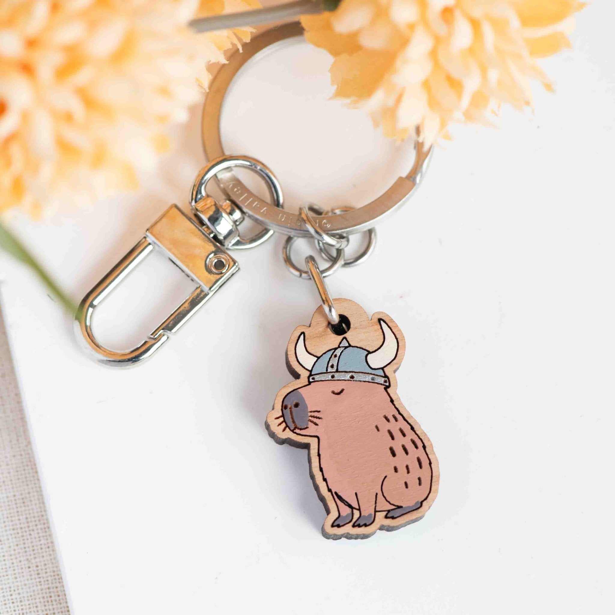 Hand - painted Capybara in Viking Hat Wooden Keyring - KL20445 - Robin Valley Official Store