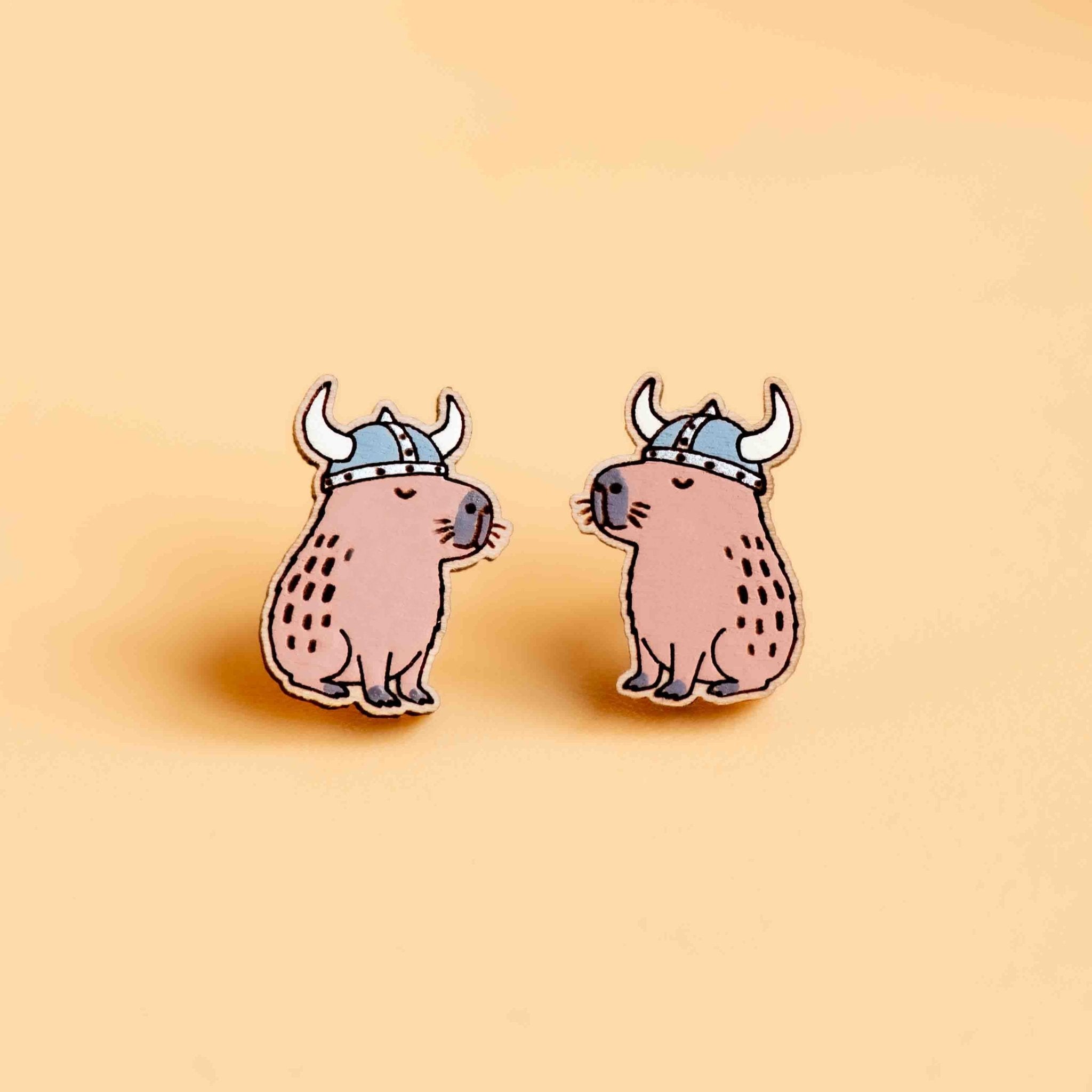 Hand - painted Capybara in Viking Helmet Wooden Stud Earrings - PEL10445 - Robin Valley Official Store
