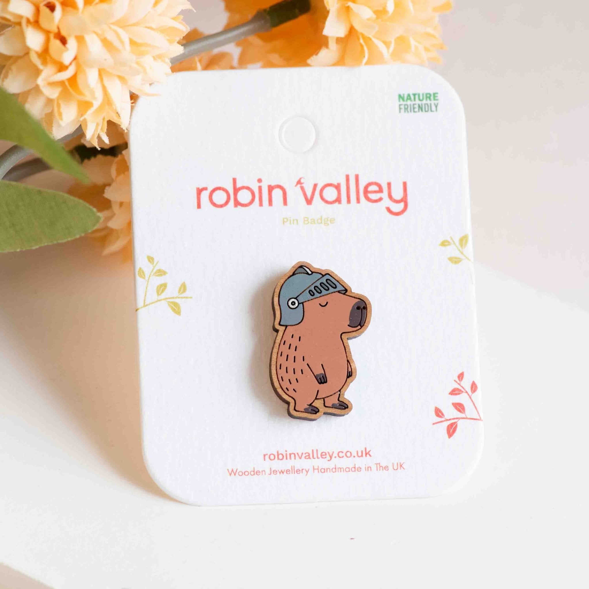 Hand - painted Capybara Knight Helmet Wooden Pin Badge - PL40460 - Robin Valley Official Store