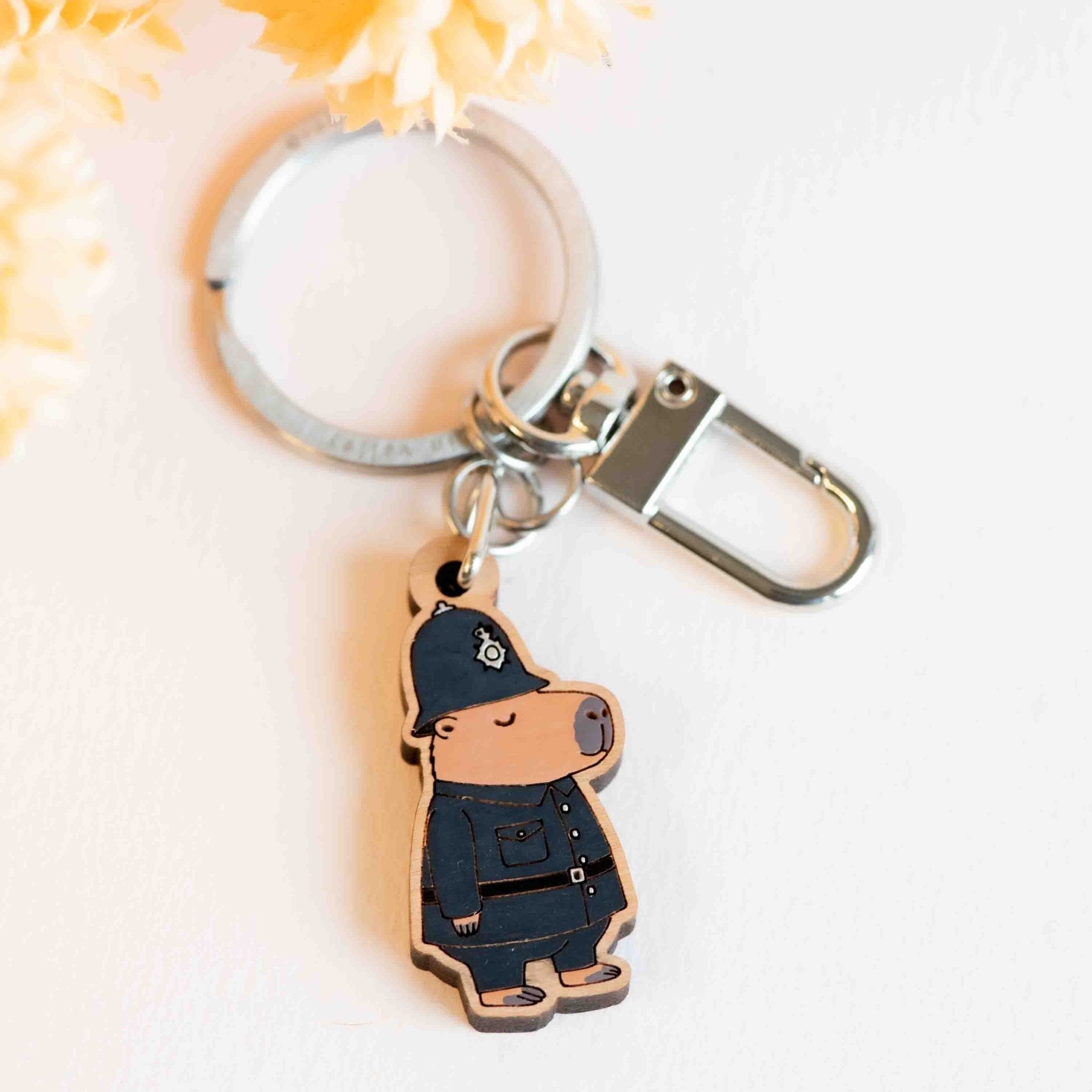 Hand - painted Capybara Police Wooden Keyring - KL20490 - Robin Valley Official Store