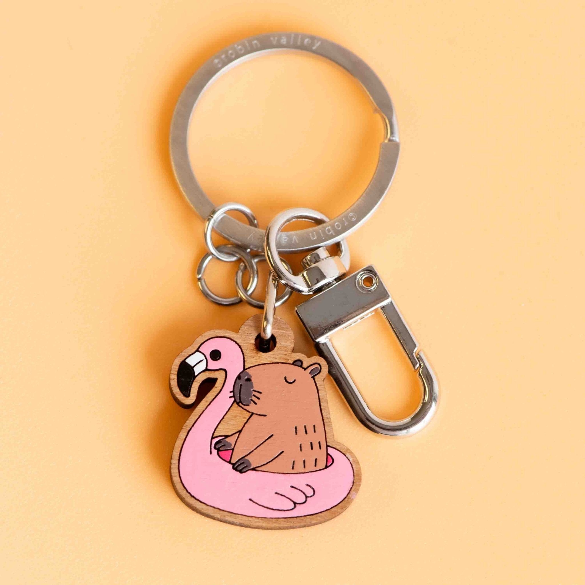 Hand - painted Capybara Ride On Inflatable Flamingo Wooden Keyring - KL20459 - Robin Valley Official Store