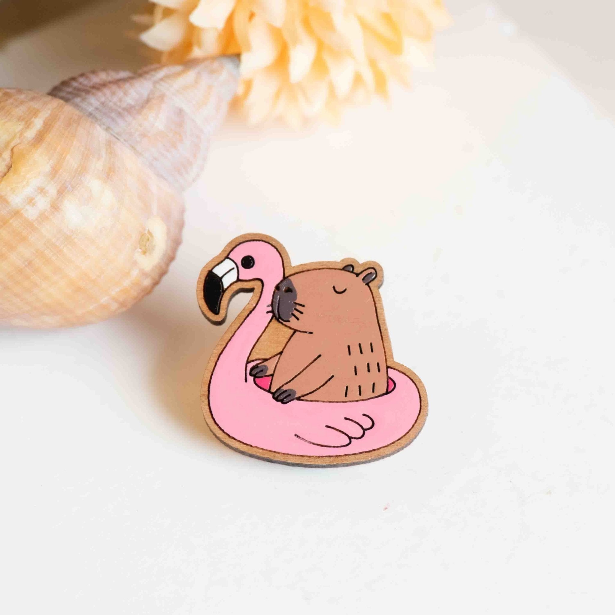 Hand - painted Capybara Ride On Inflatable Flamingo Wooden Pin Badge - PL40459 - Robin Valley Official Store