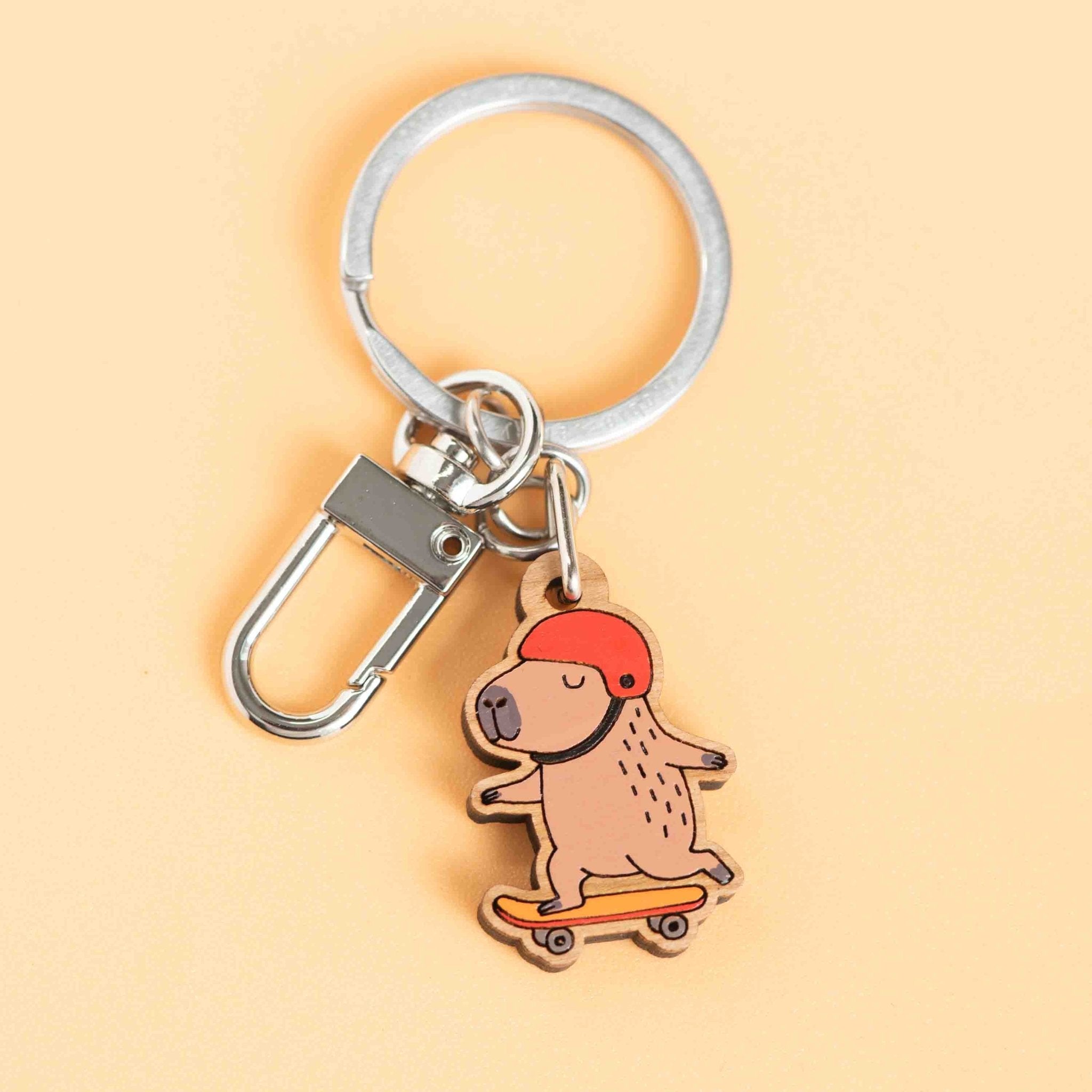 Hand - painted Capybara Skating Wooden Keyring - KL20500 - Robin Valley Official Store