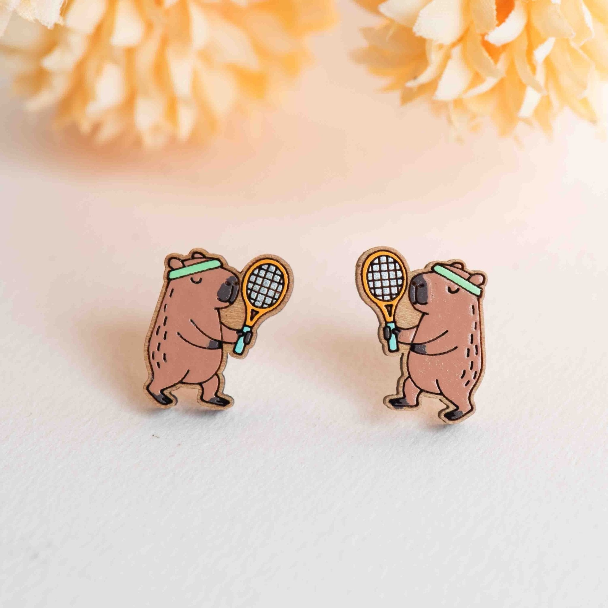 Hand - painted Capybara Tennis Player Wooden Stud Earrings - PEL10496 - Robin Valley Official Store