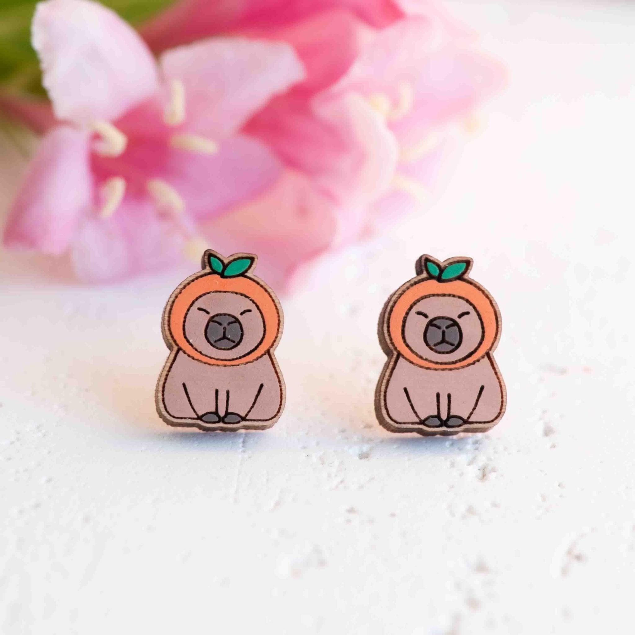 Hand - painted Capybara with Orange Hat Wooden Stud Earrings - PEL10414 - Robin Valley Official Store