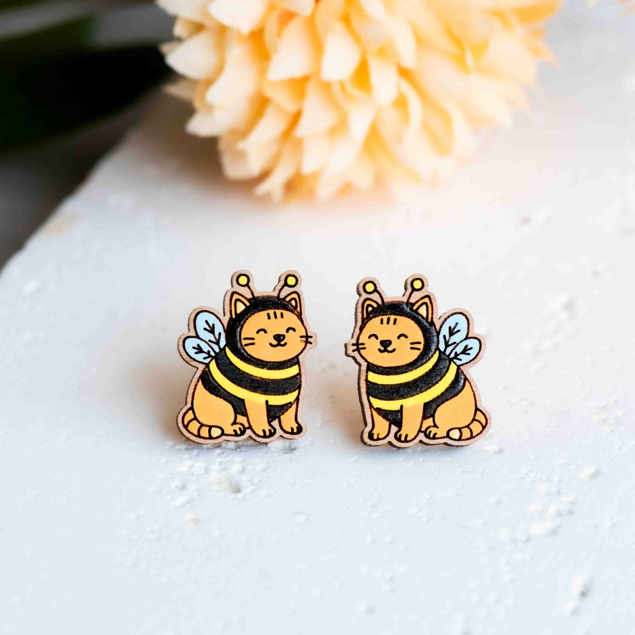 Hand - painted Cat in Bee Costume Wooden Stud Earrings - PEL10438 - Robin Valley Official Store