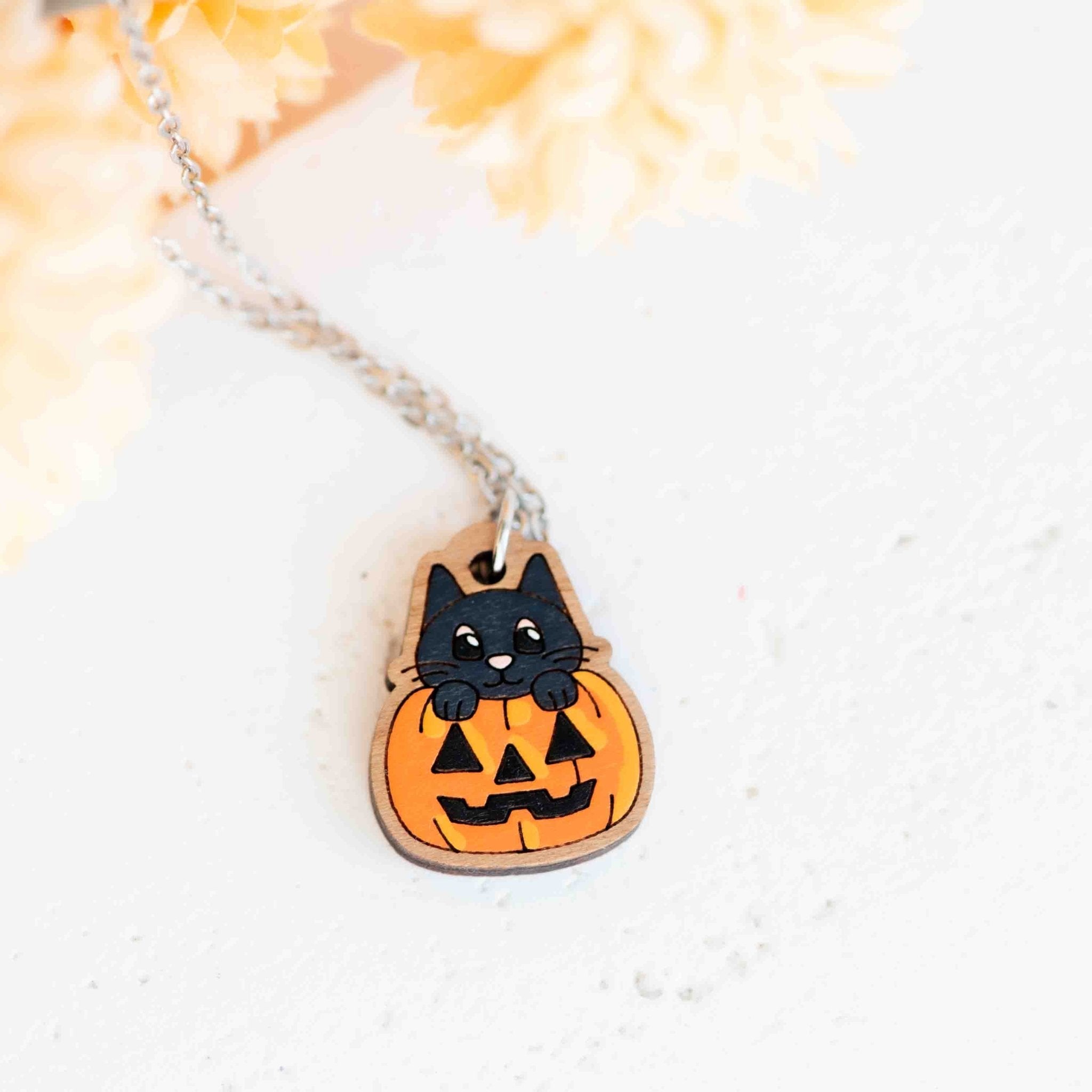 Hand Painted Cat In Pumpkin Wooden Necklace - NL60486 - Robin Valley Official Store