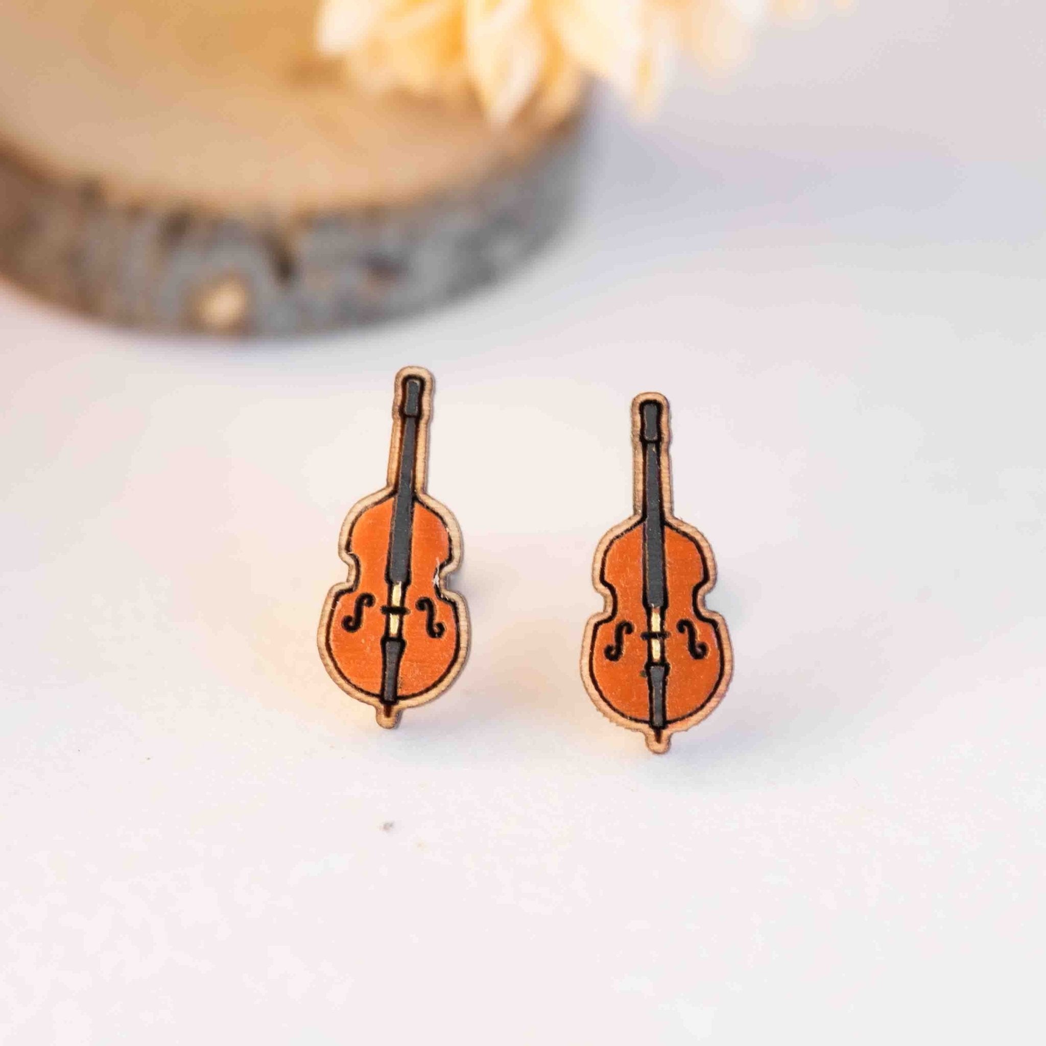 Hand - painted Cello Wooden Stud Earrings - PET15369 - Robin Valley Official Store