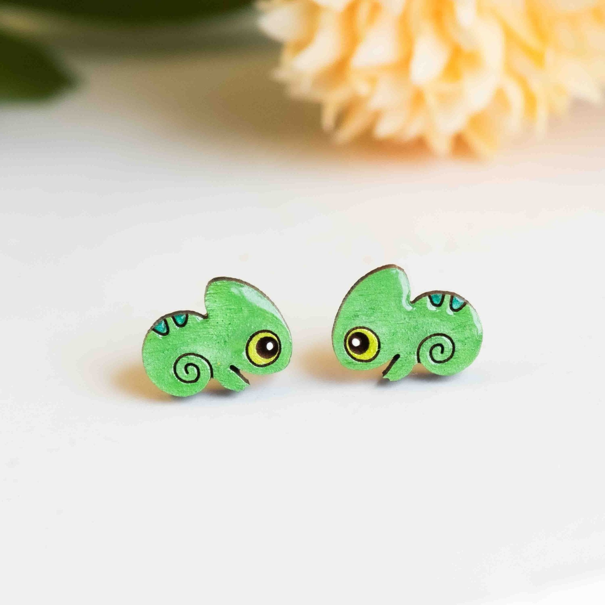 Hand - painted Chameleon Wooden Earrings - PEL10004 - Robin Valley Official Store