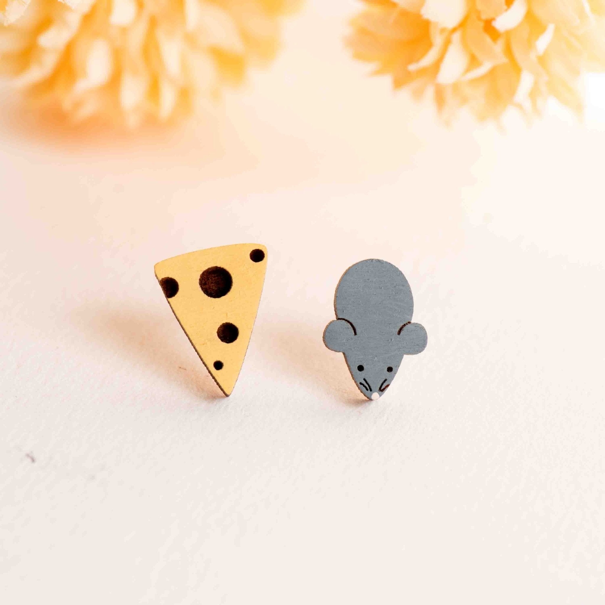 Hand - painted Cheese and Mouse Wooden Stud Earrings - PEL10451 - Robin Valley Official Store