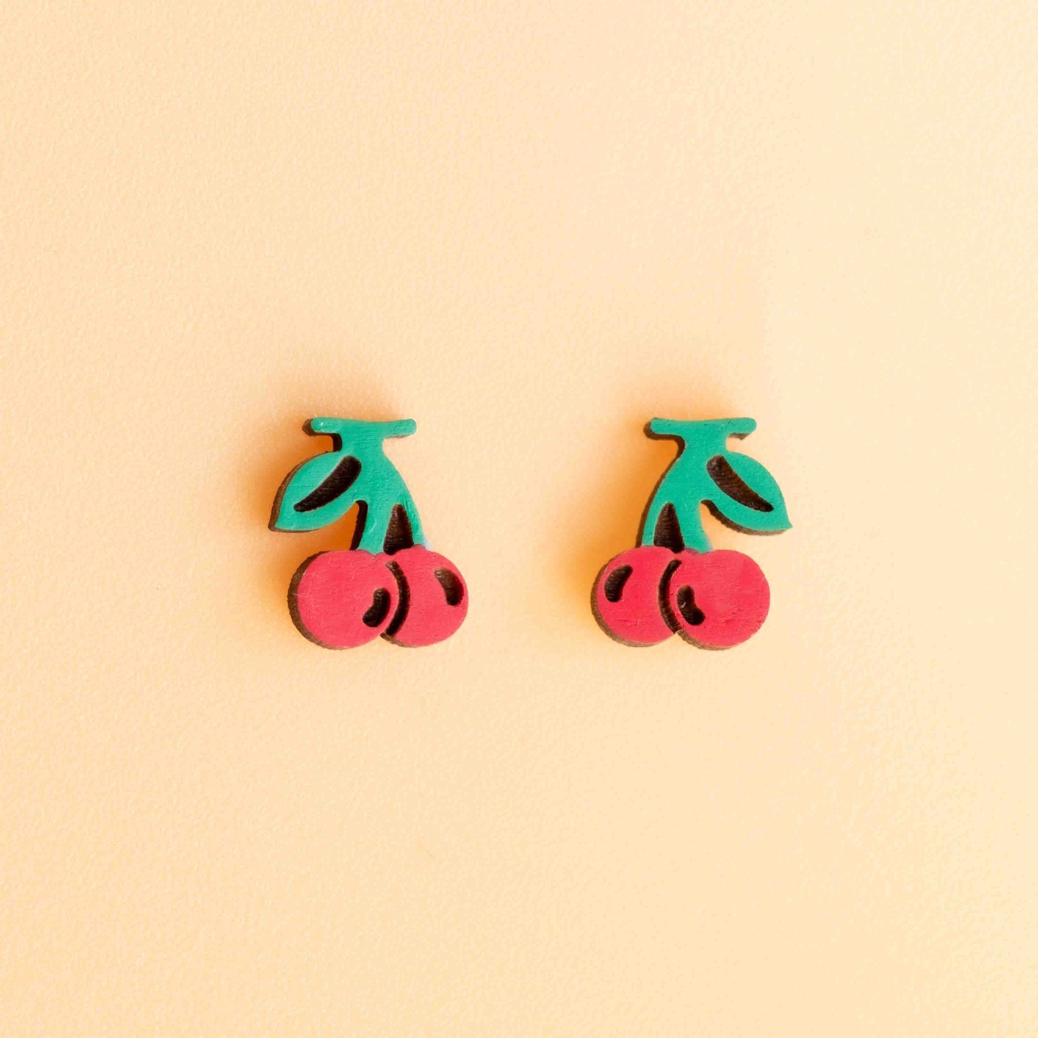 Hand - painted Cherry Fruit Wooden Stud Earrings - PEO14036 - Robin Valley Official Store