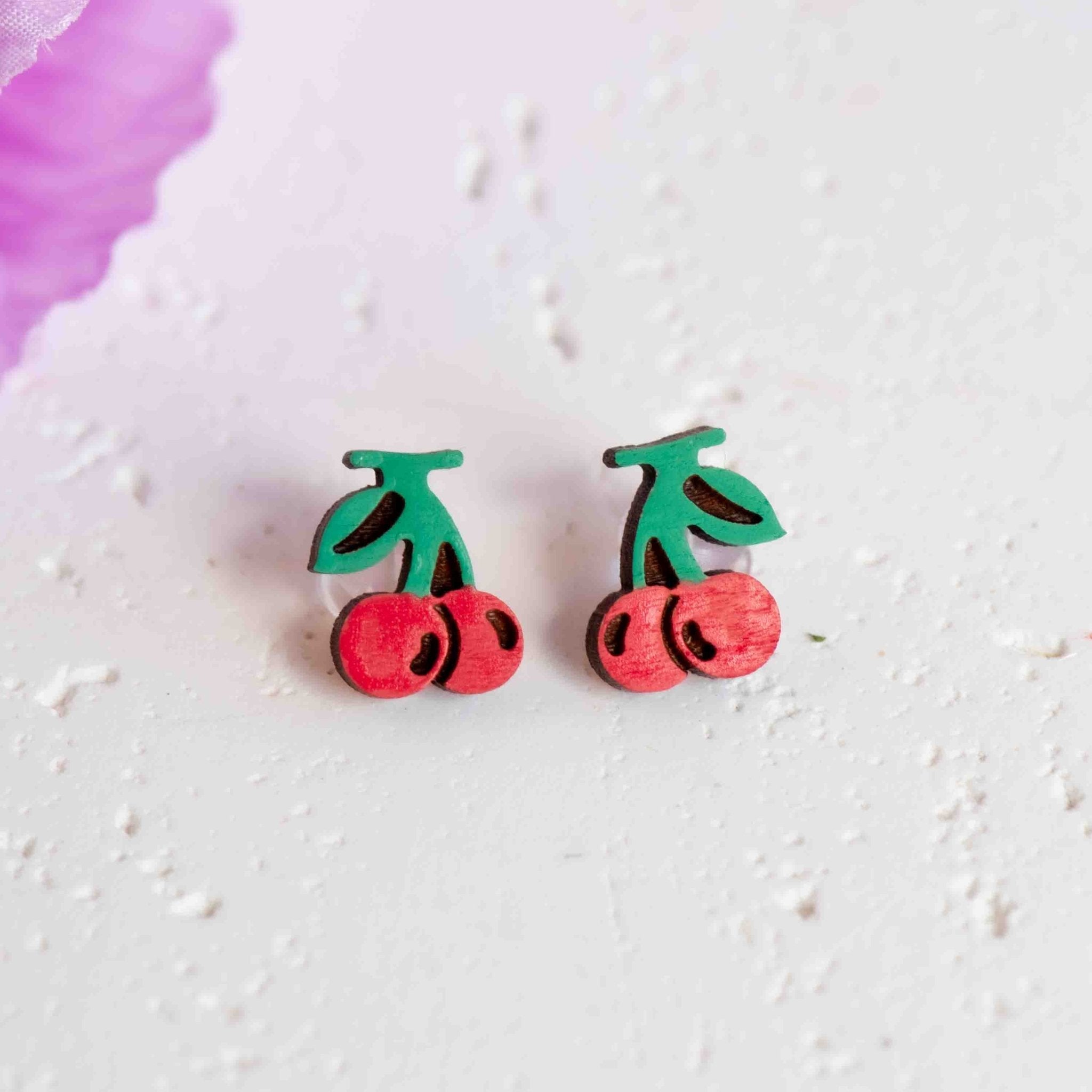 Hand - painted Cherry Fruit Wooden Stud Earrings - PEO14036 - Robin Valley Official Store