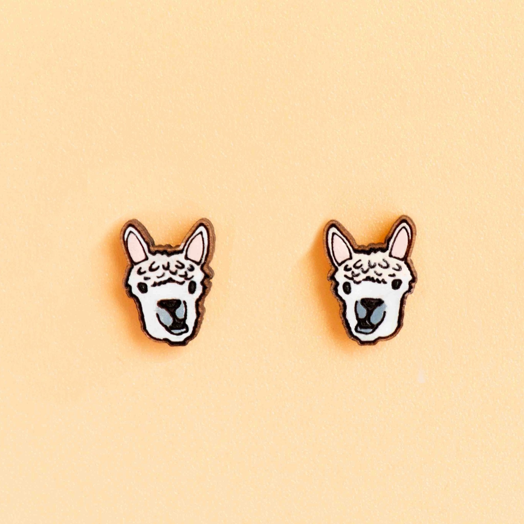 Hand - painted Chewing Llama Alpaca Wooden Stud Earrings - PEL10412 - Robin Valley Official Store
