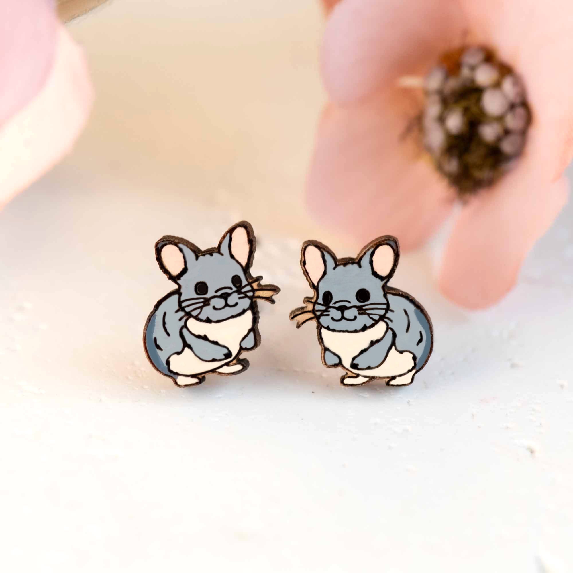 Hand - painted Chinchilla Wooden Earrings - PEL10320 - Robin Valley Official Store