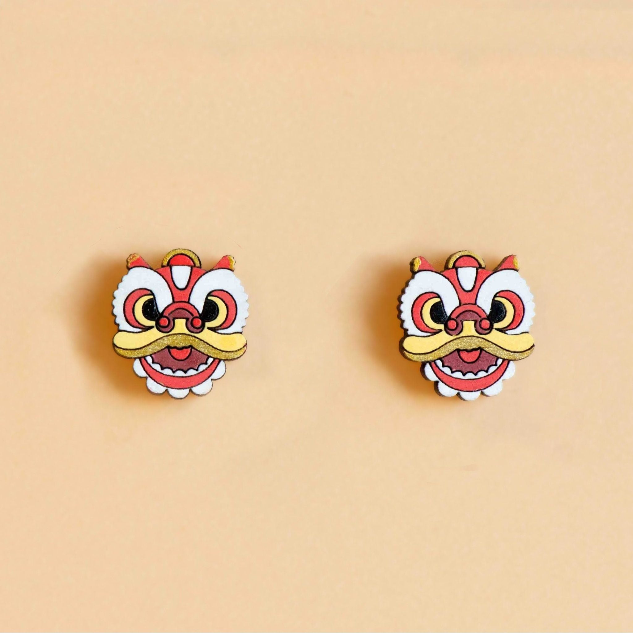 Hand - painted Chinese Lion Wooden Stud Earrings - PEO14211 - Robin Valley Official Store