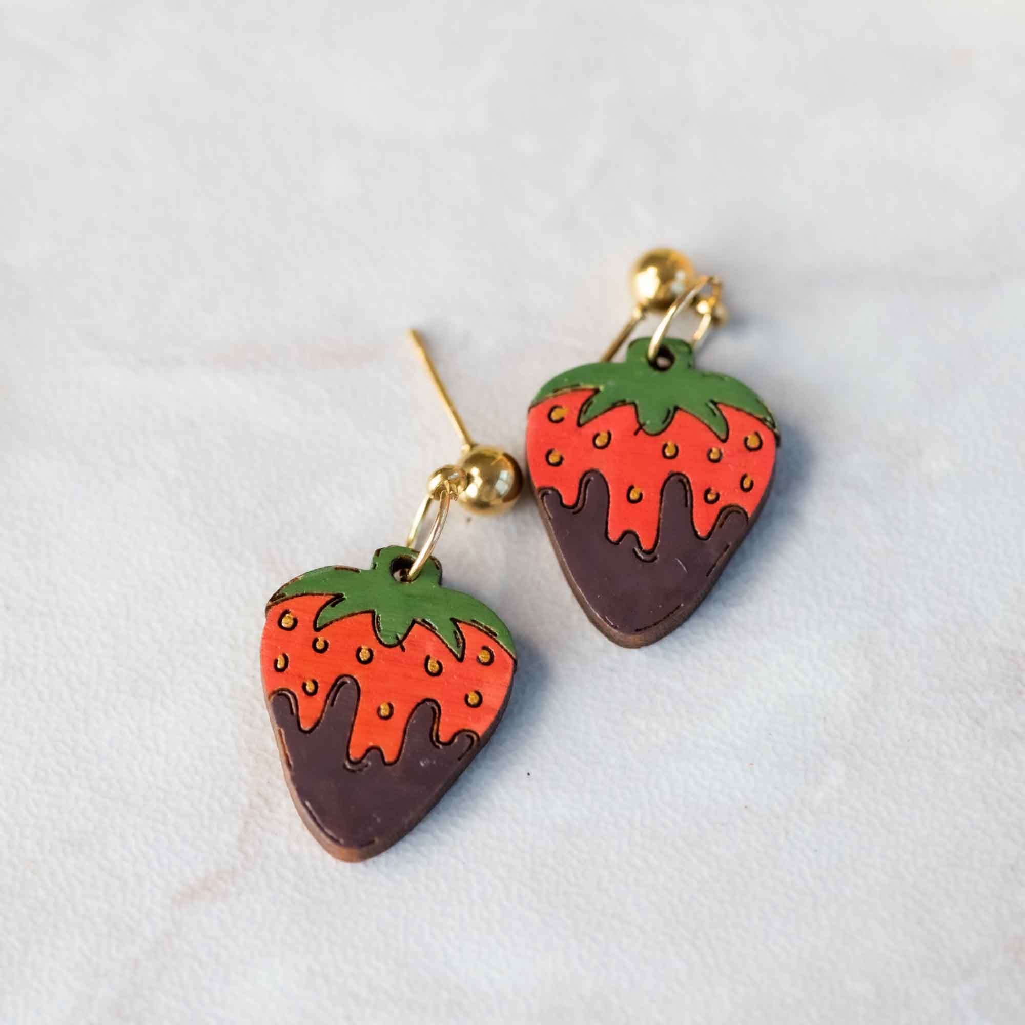 Hand - painted Chocolate Strawberry Dangle Earrings - PEO14109 - Robin Valley Official Store