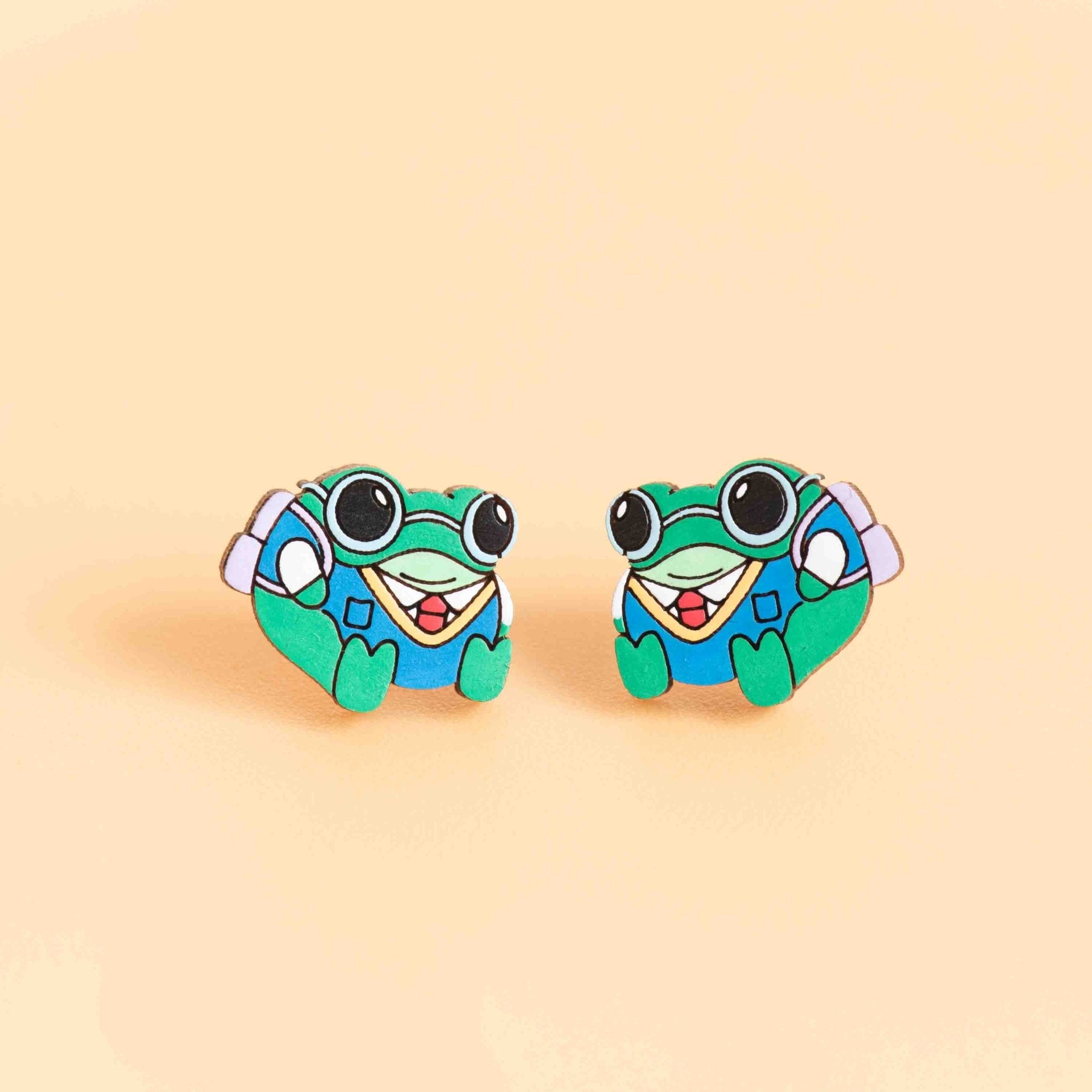 Hand - painted Chubby Frog Back to School Sitting Wooden Stud Earrings - PEL10477 - Robin Valley Official Store