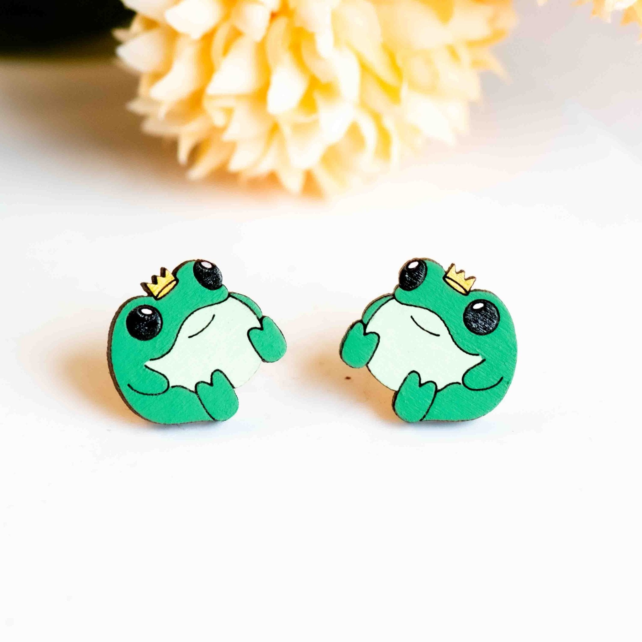 Hand - painted Chubby Frog Prince Wooden Stud Earrings - PEL10465 - Robin Valley Official Store
