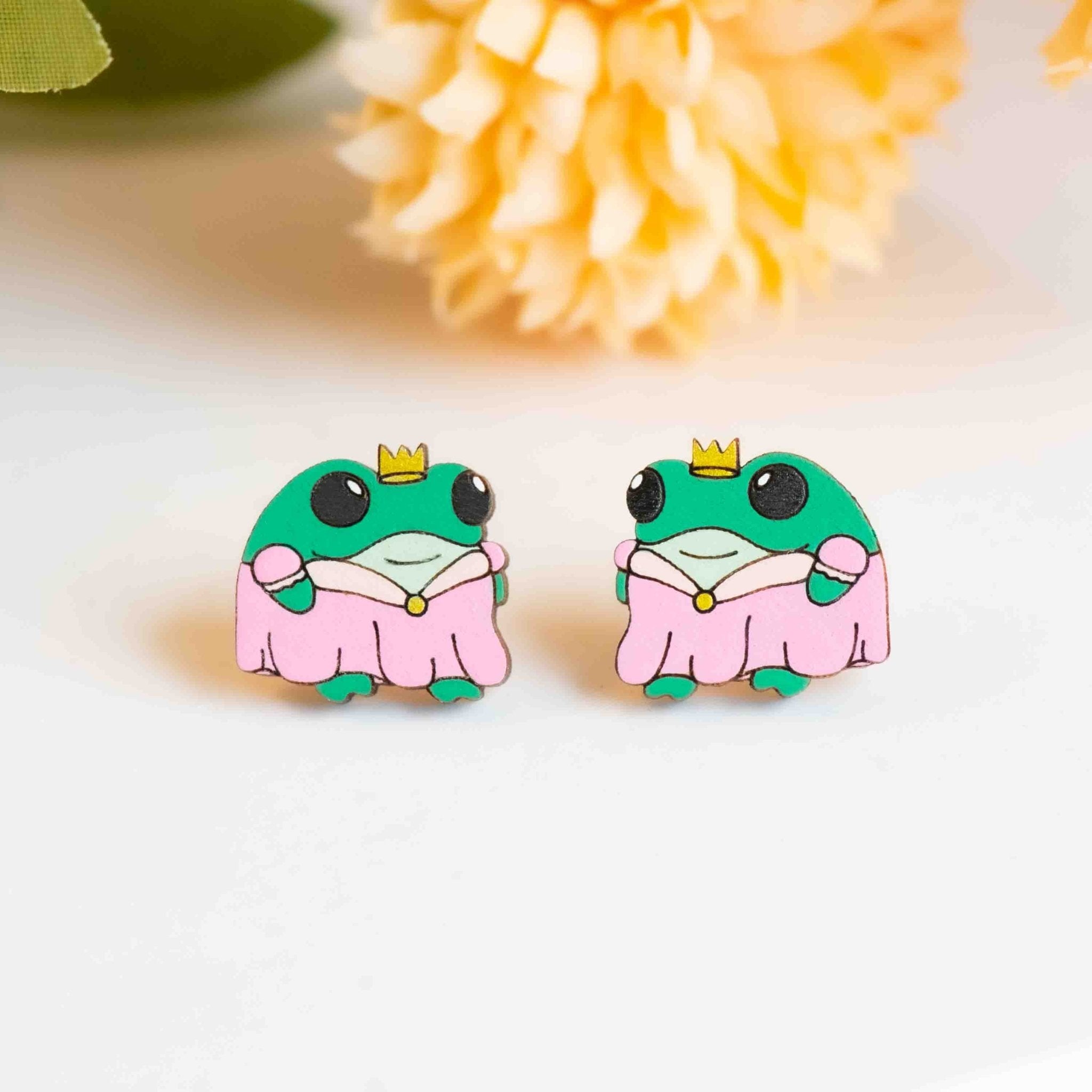 Hand - painted Chubby Frog Princess Wooden Stud Earrings - PEL10464 - Robin Valley Official Store